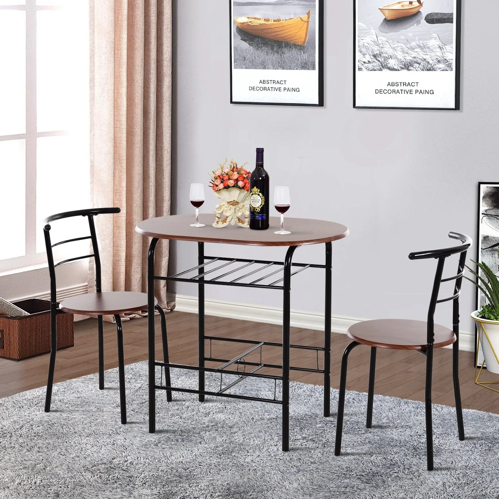 Modern Dining Table and 2 Chairs Set, 3 Piece Space-Saving Furniture for Kitchen, Balcony, Restaurant or Bar, Brown and Black - Image 2