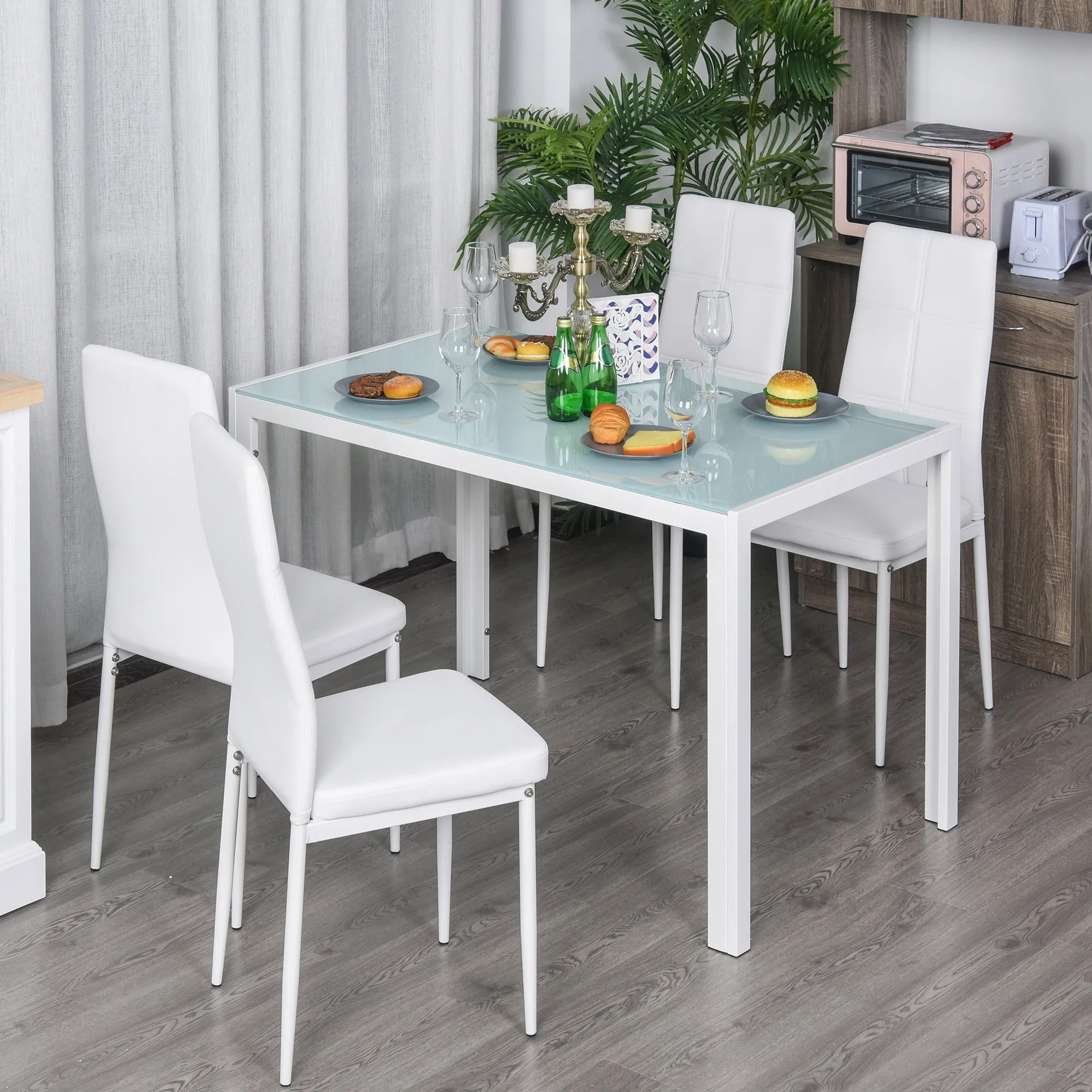 5 Piece Dining Table and 4 Chairs Set for Kitchen or Dining Room in Faux Leather, Metal and Tempered Glass, White - Image 2