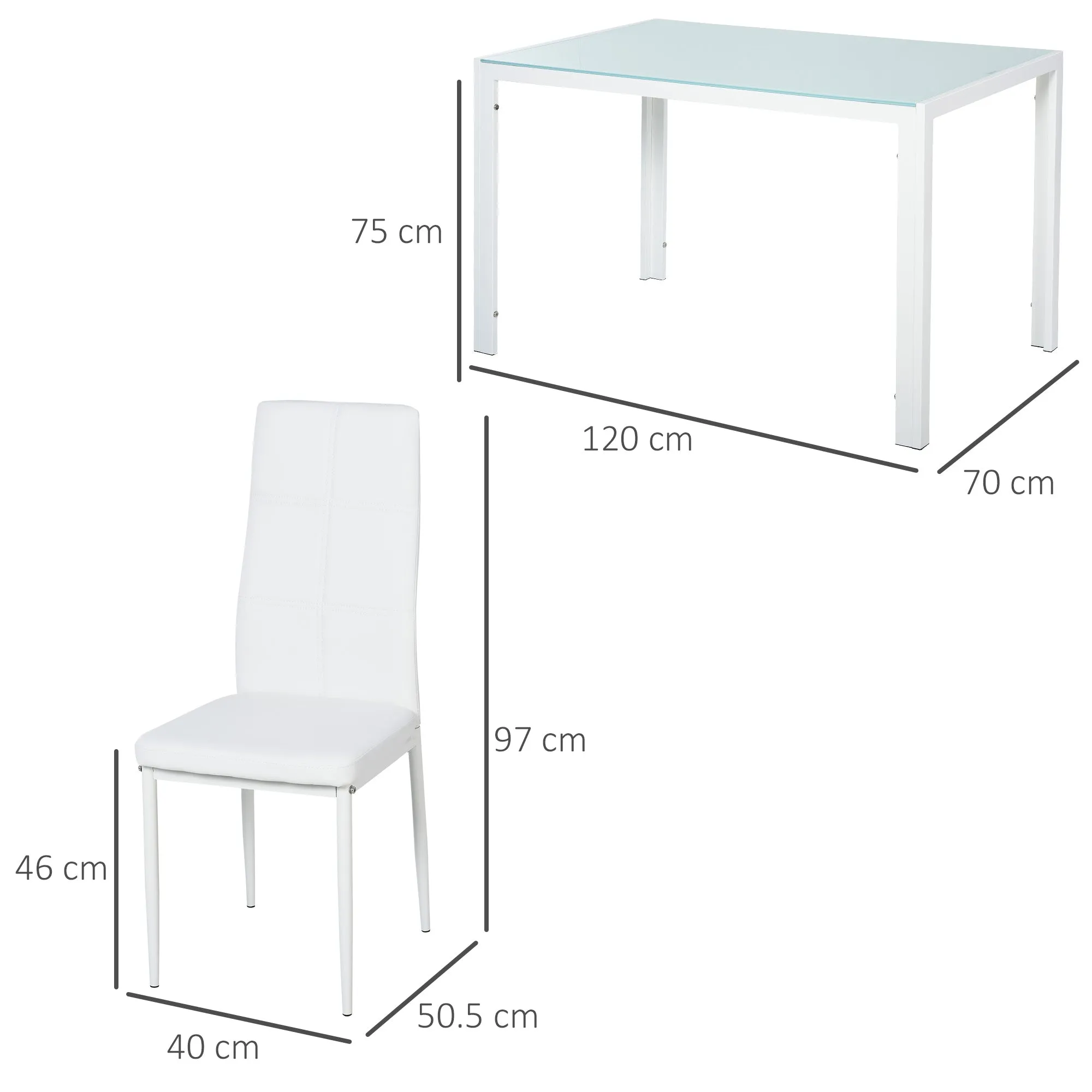 5 Piece Dining Table and 4 Chairs Set for Kitchen or Dining Room in Faux Leather, Metal and Tempered Glass, White - Image 3