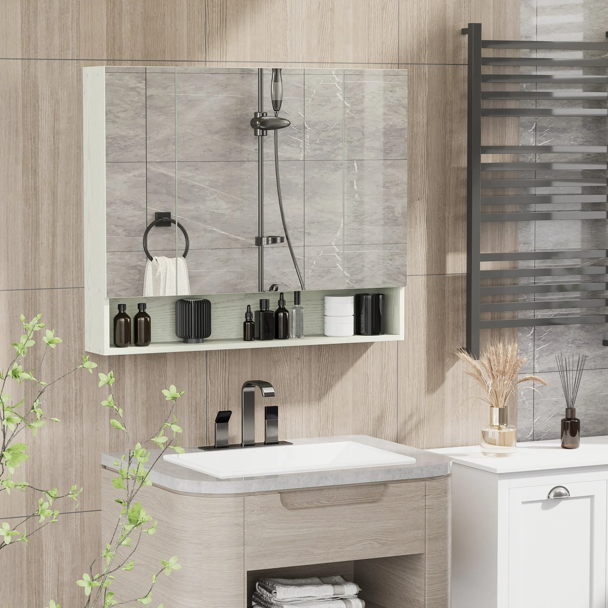 kleankin mirror cabinet for bathroom with adjustable shelves, 3 doors and beliefs, 90x15x75cm - Image 2