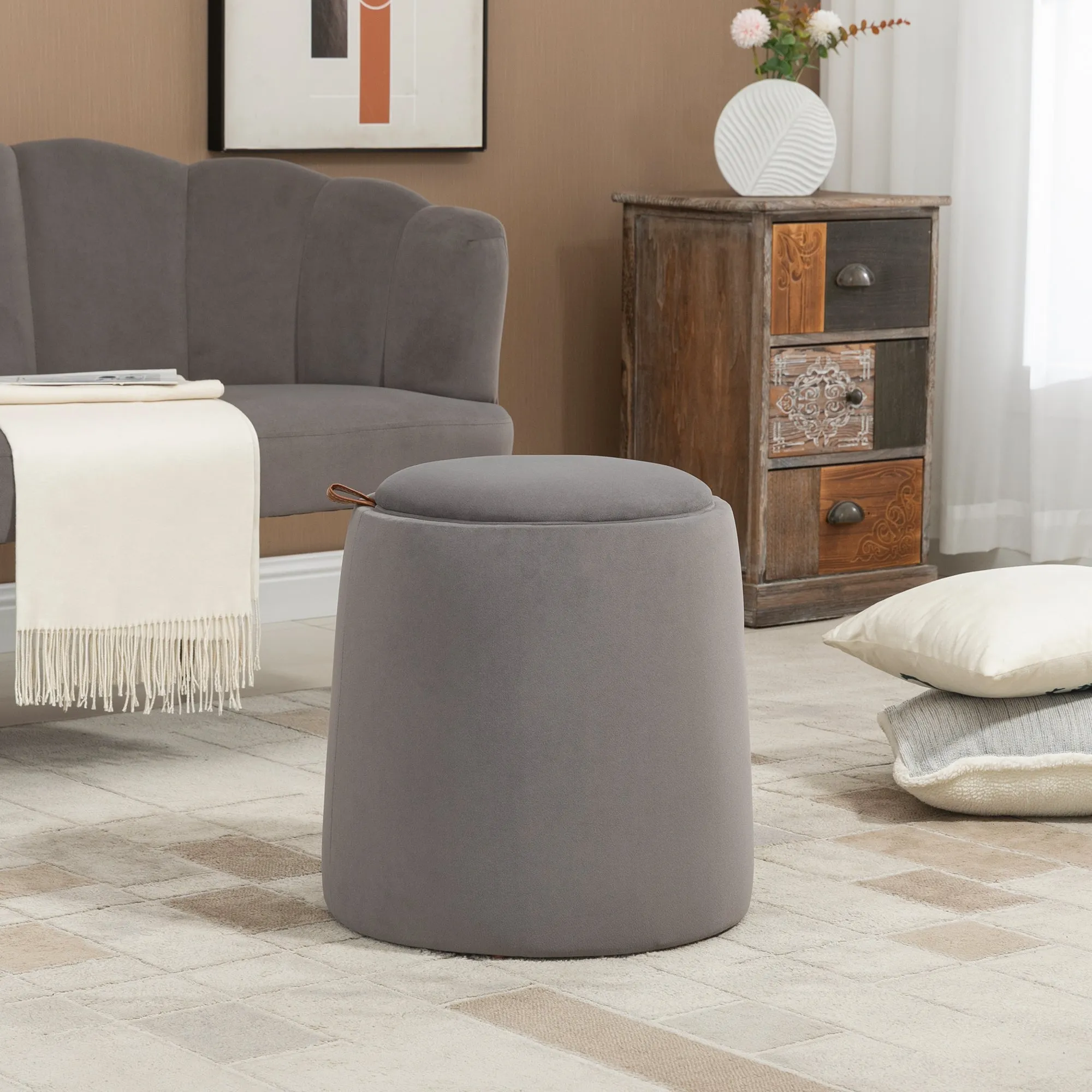 2 in 1 Velvet Storage Ottoman Convertible to Coffee Table, Ø44x47.5cm, Grey - Image 2