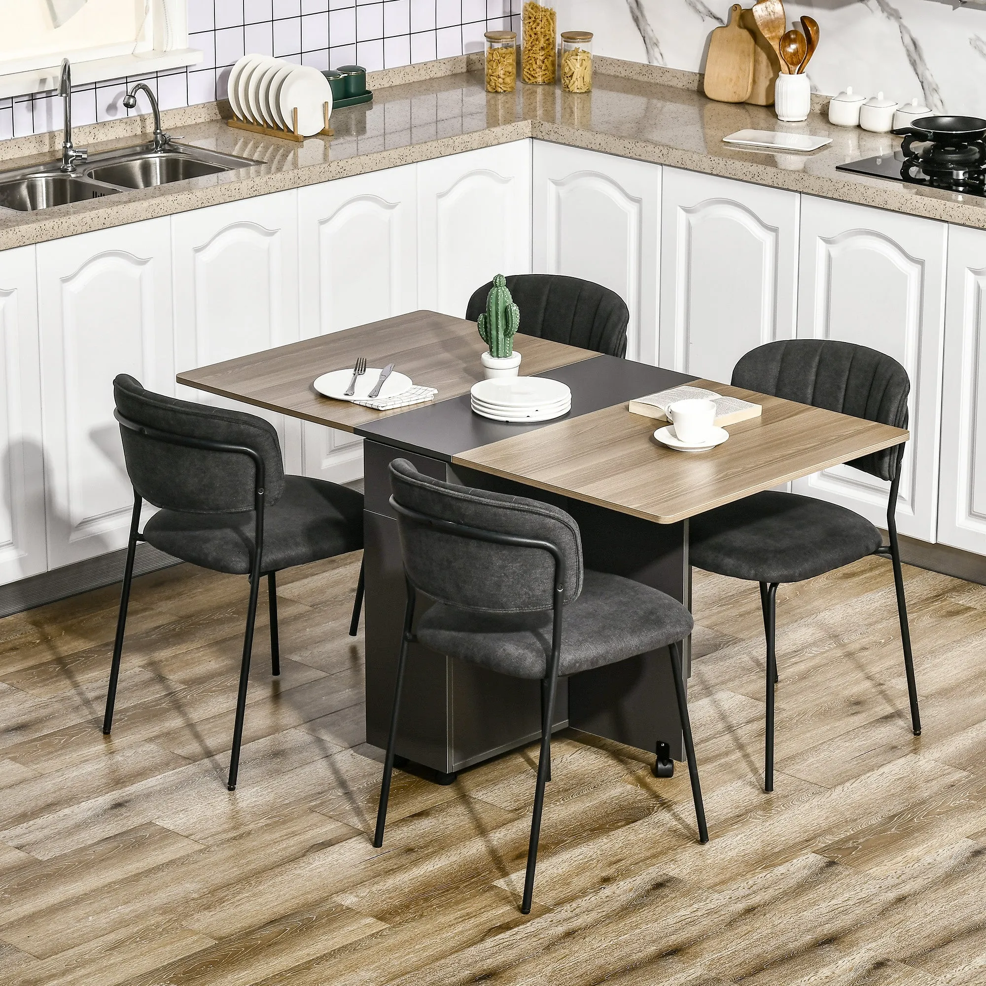 Foldable Dining Table Chipboard with 2 Drawers, 1 Cabinet, Max. 6 People, 140x76x76 cm - Image 2