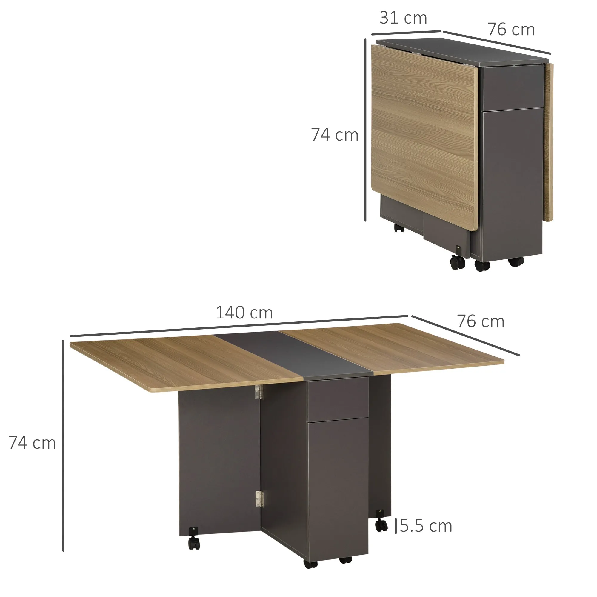 Foldable Dining Table Chipboard with 2 Drawers, 1 Cabinet, Max. 6 People, 140x76x76 cm - Image 3