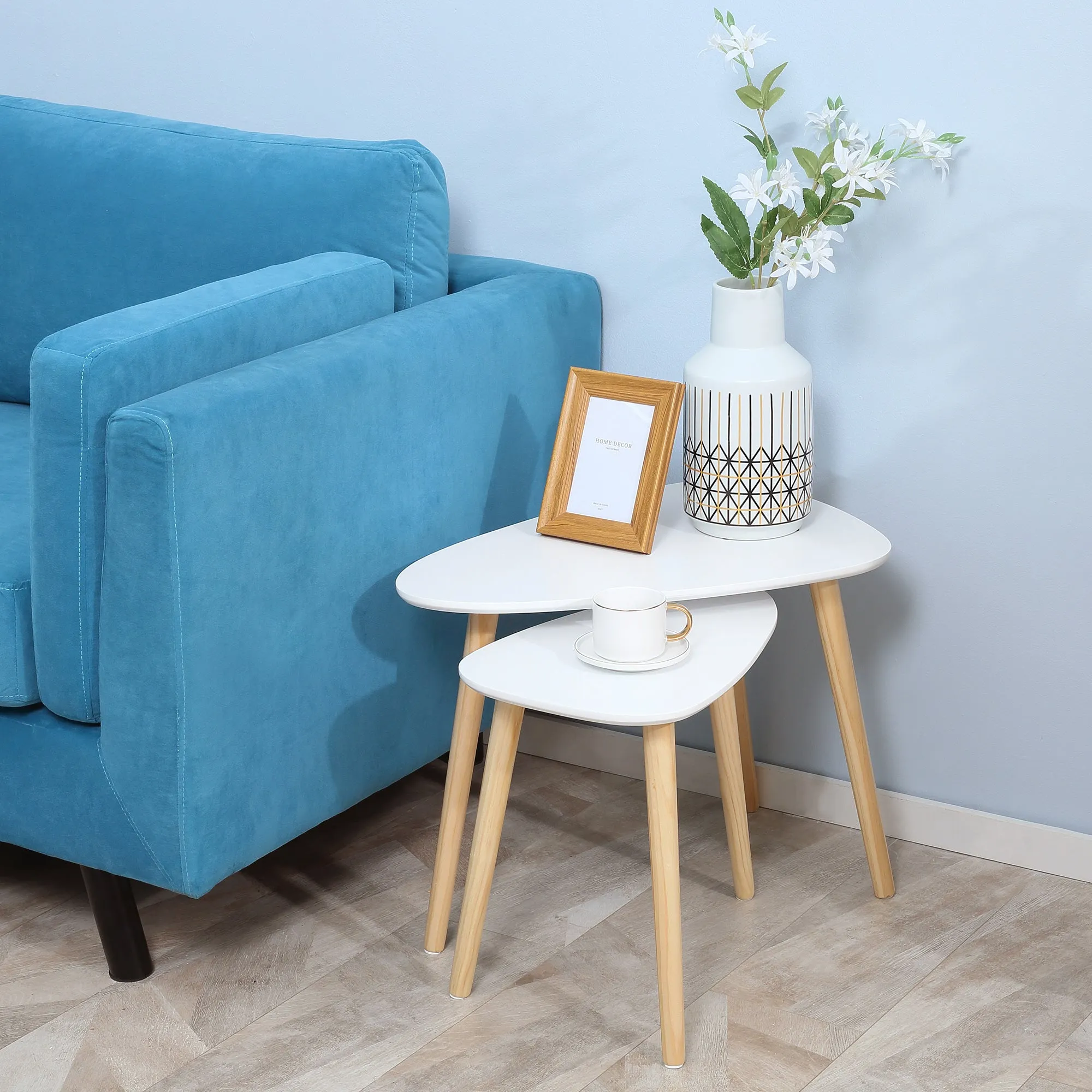 Set of 2 Nordic Style Stackable Coffee Tables with Wooden Legs, White - Image 2