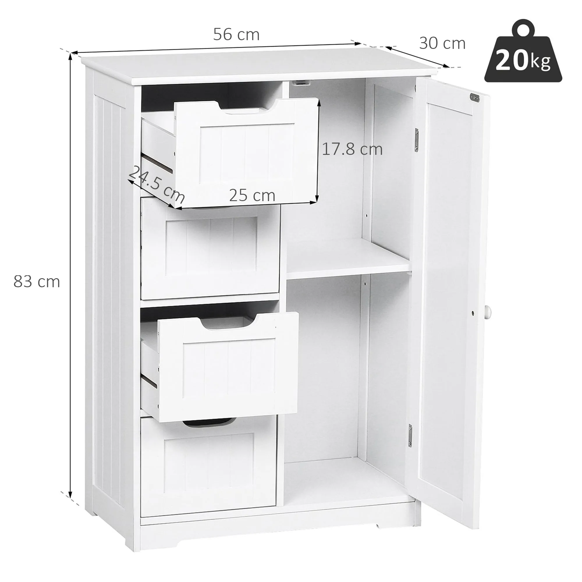Kleankin Bathroom cabinet with door and white drawers 56 x 30 x 83cm - Image 3