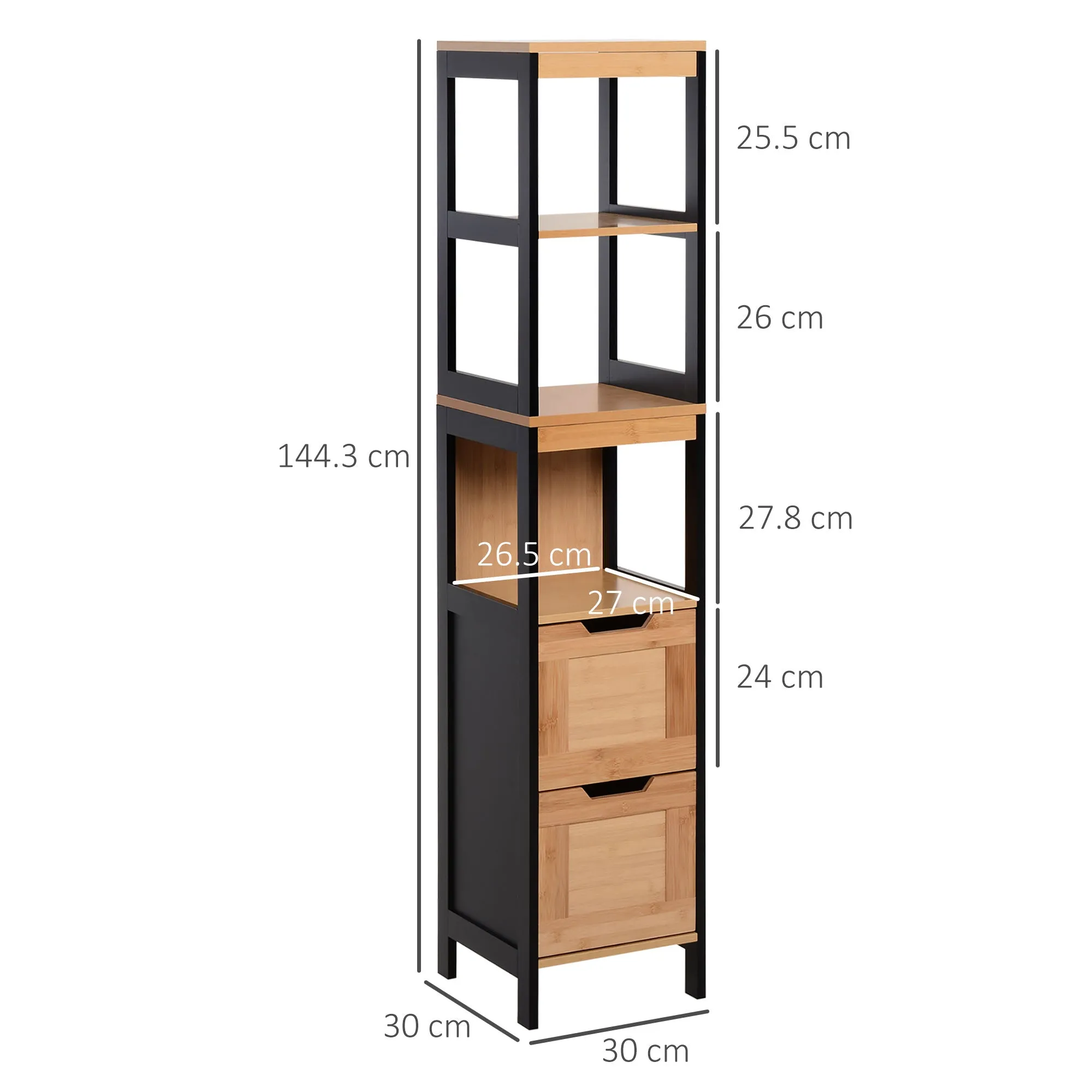 Bathroom Column with 2 Drawers and 3 Open Compartments in MDF Wood and Bamboo 30x30x144.3 cm - Image 3