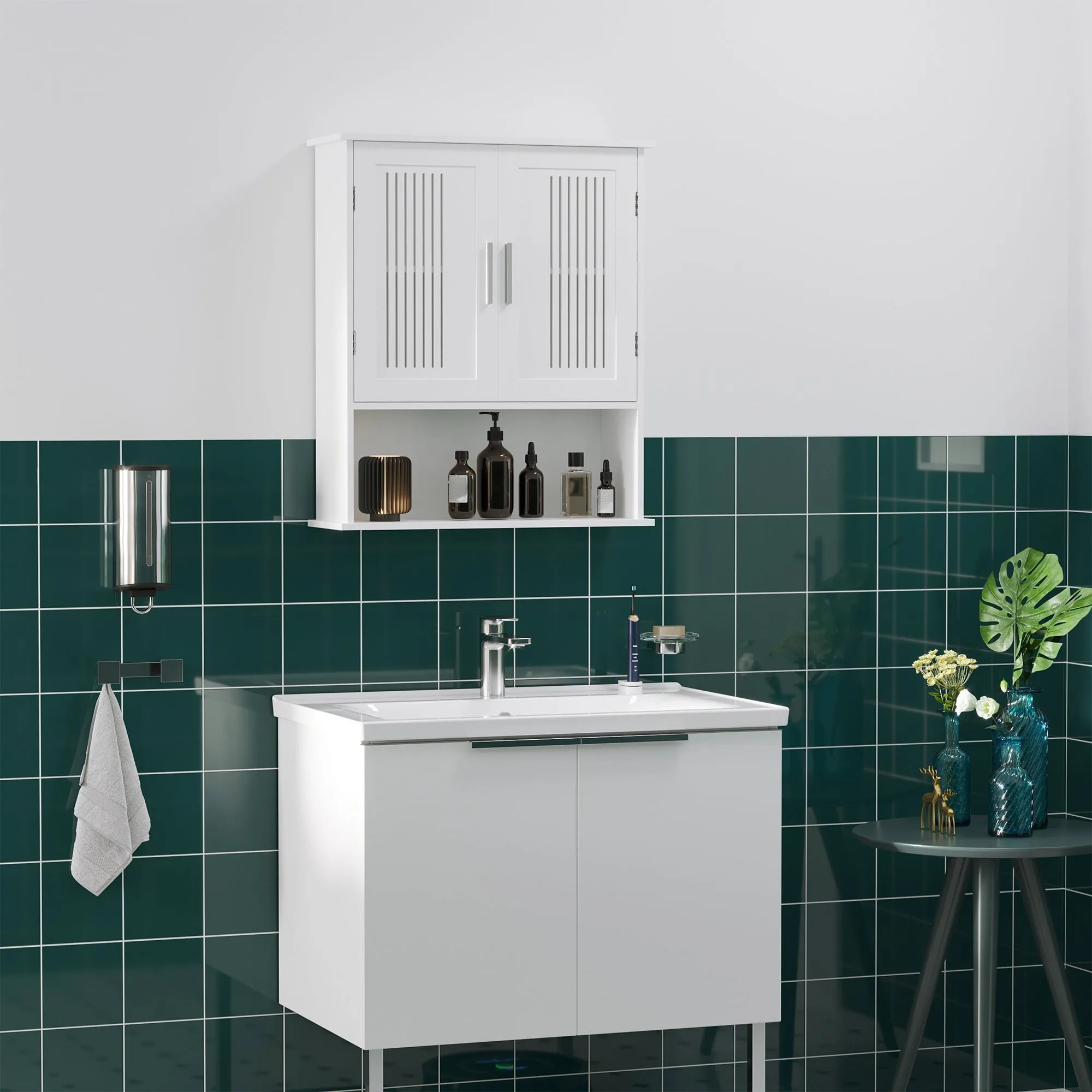Space-Saving Wall-Mounted Bathroom Cabinet with Cupboard and Shelf, 60x20x70 cm, White - Image 2