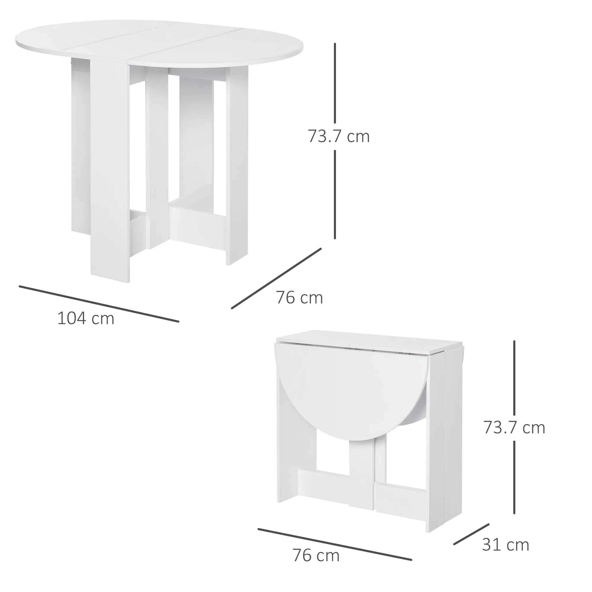 Foldable Dining Table with 2 Flaps, Extendable Wooden Dining Table Space Saving for Kitchen and Living Room, 104x76x73.7 cm, White - Image 3