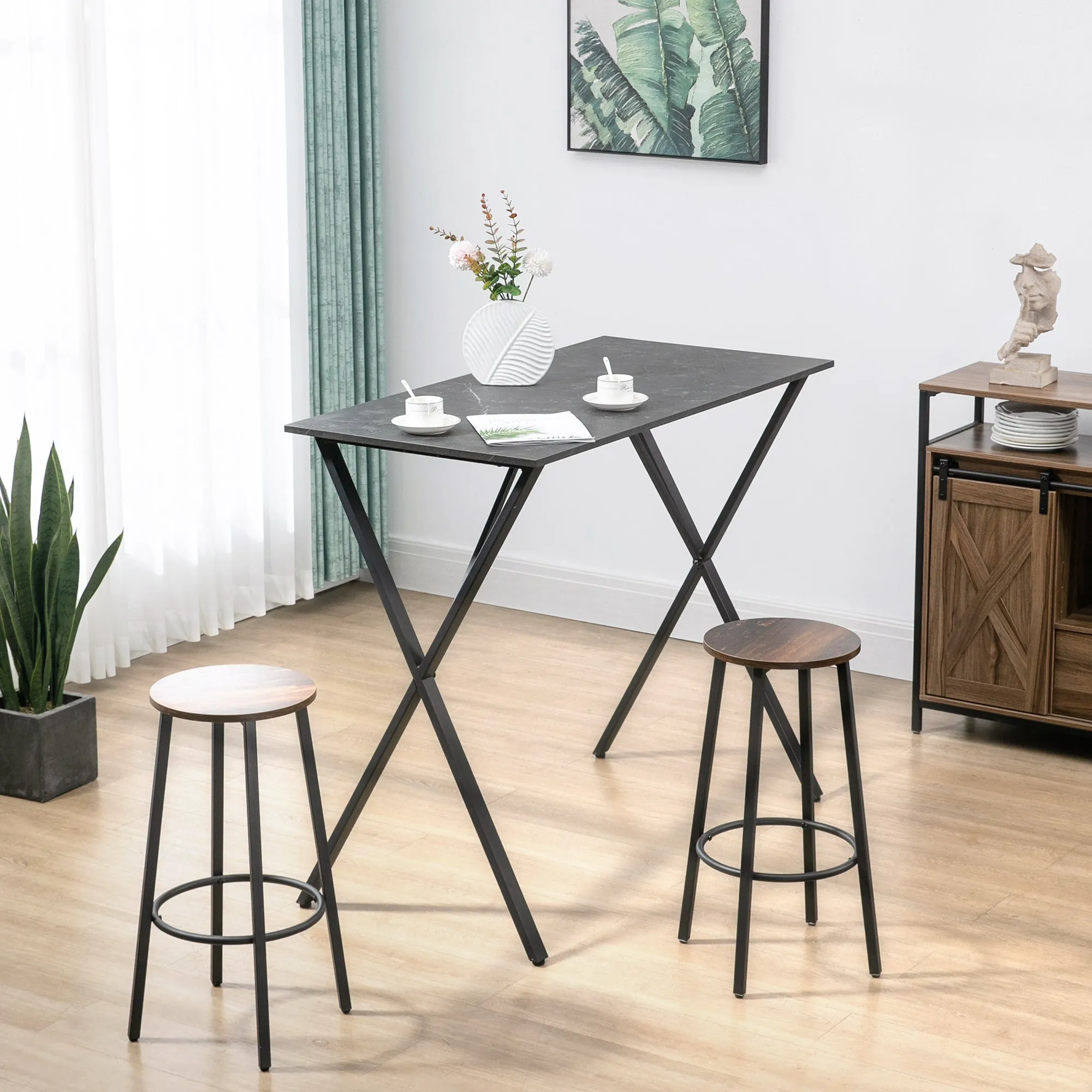 Industrial Style Bar Counter High Table Marble Effect, Wood and Steel 120x60x102 cm, Black - Image 2