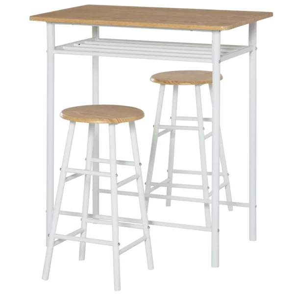 Set Bar counter with 2 high north -style wooden stools, high table with shelf and kitchen stools with footrests, white
