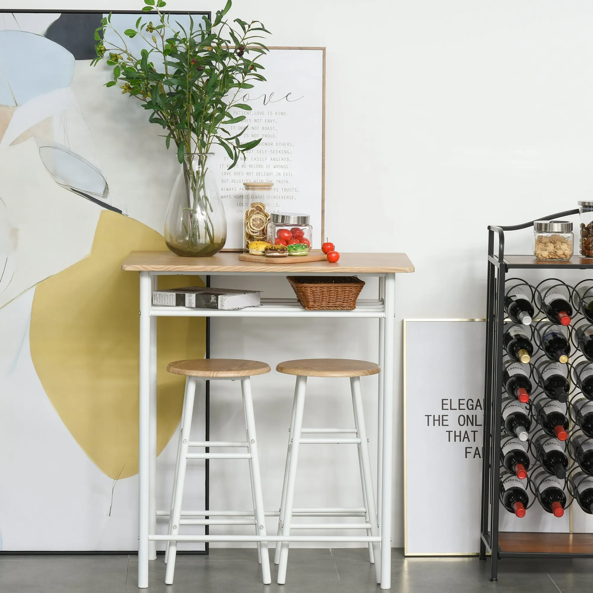 Set Bar counter with 2 high north -style wooden stools, high table with shelf and kitchen stools with footrests, white - Image 2