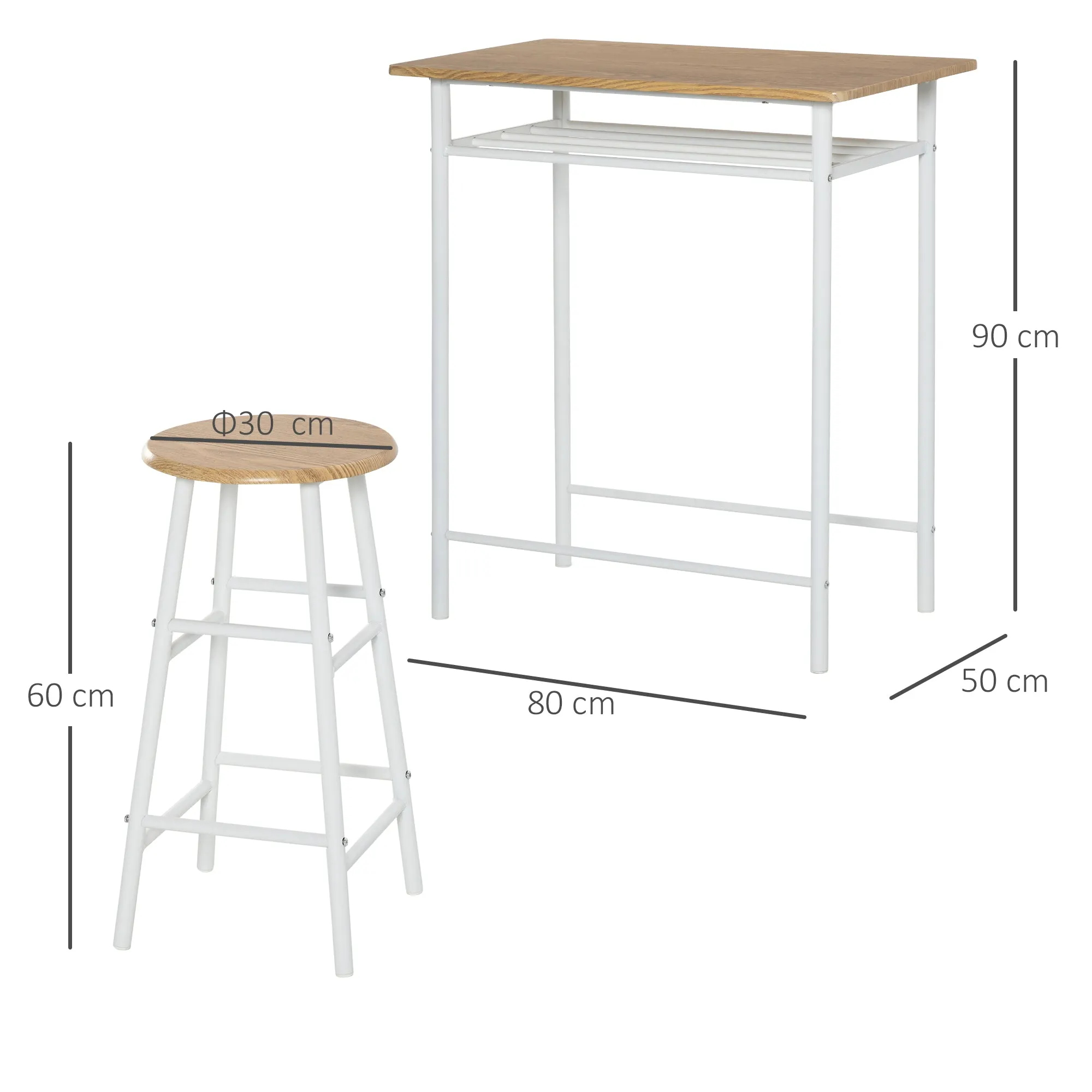Set Bar counter with 2 high north -style wooden stools, high table with shelf and kitchen stools with footrests, white - Image 3