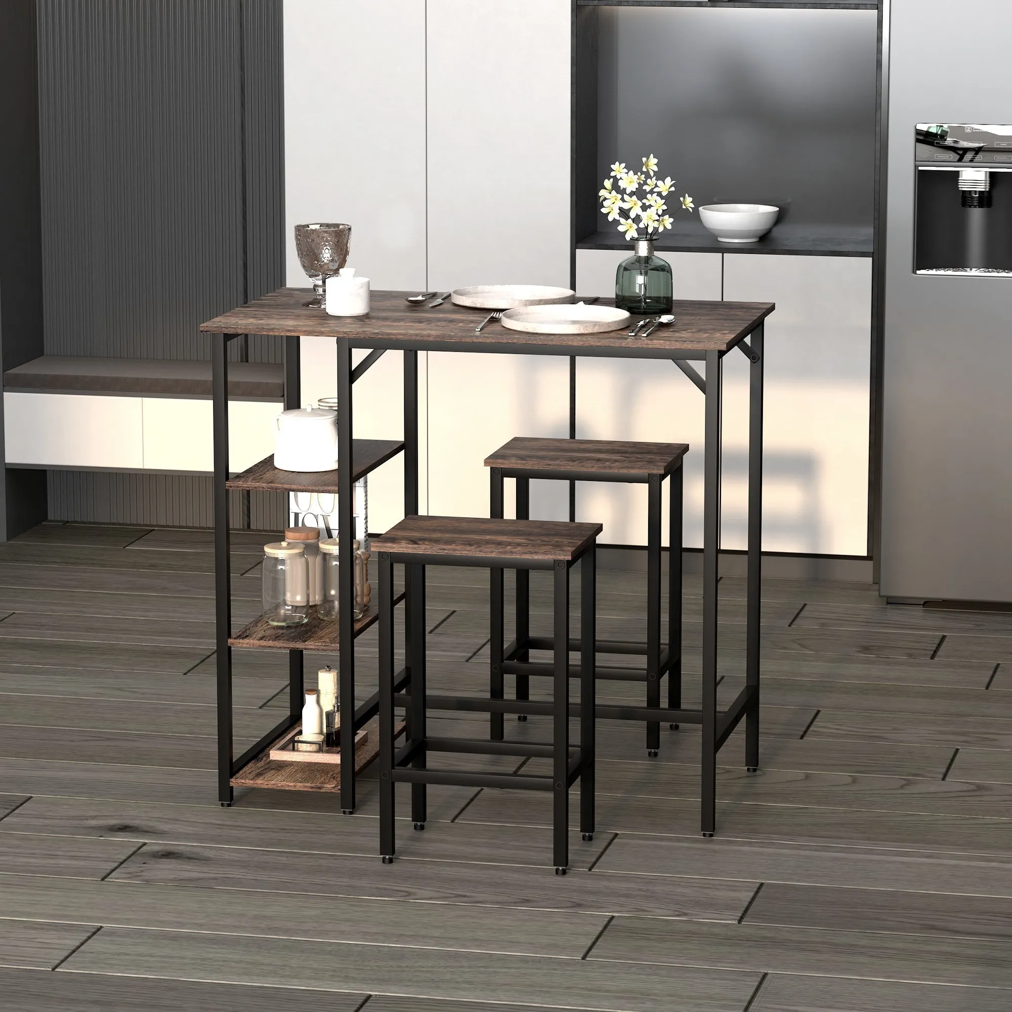 Industrial Style High Table Set with 2 Stools and Shelf in Metal and Wood, Modern Bar and Kitchen Furniture, Rustic Brown - Image 2