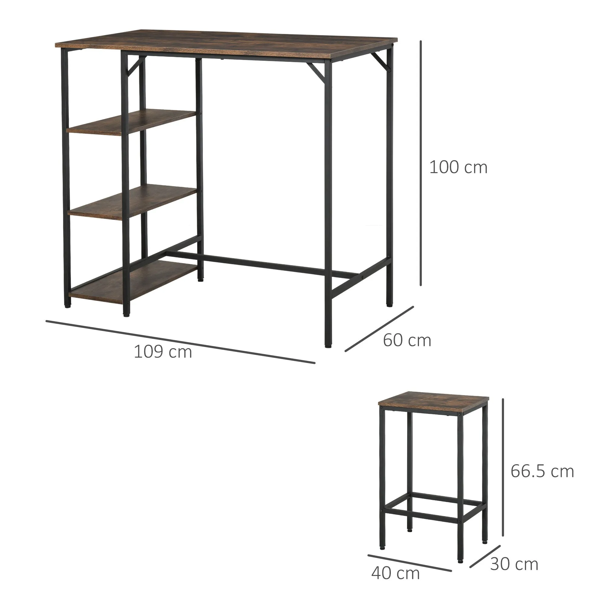 Industrial Style High Table Set with 2 Stools and Shelf in Metal and Wood, Modern Bar and Kitchen Furniture, Rustic Brown - Image 3