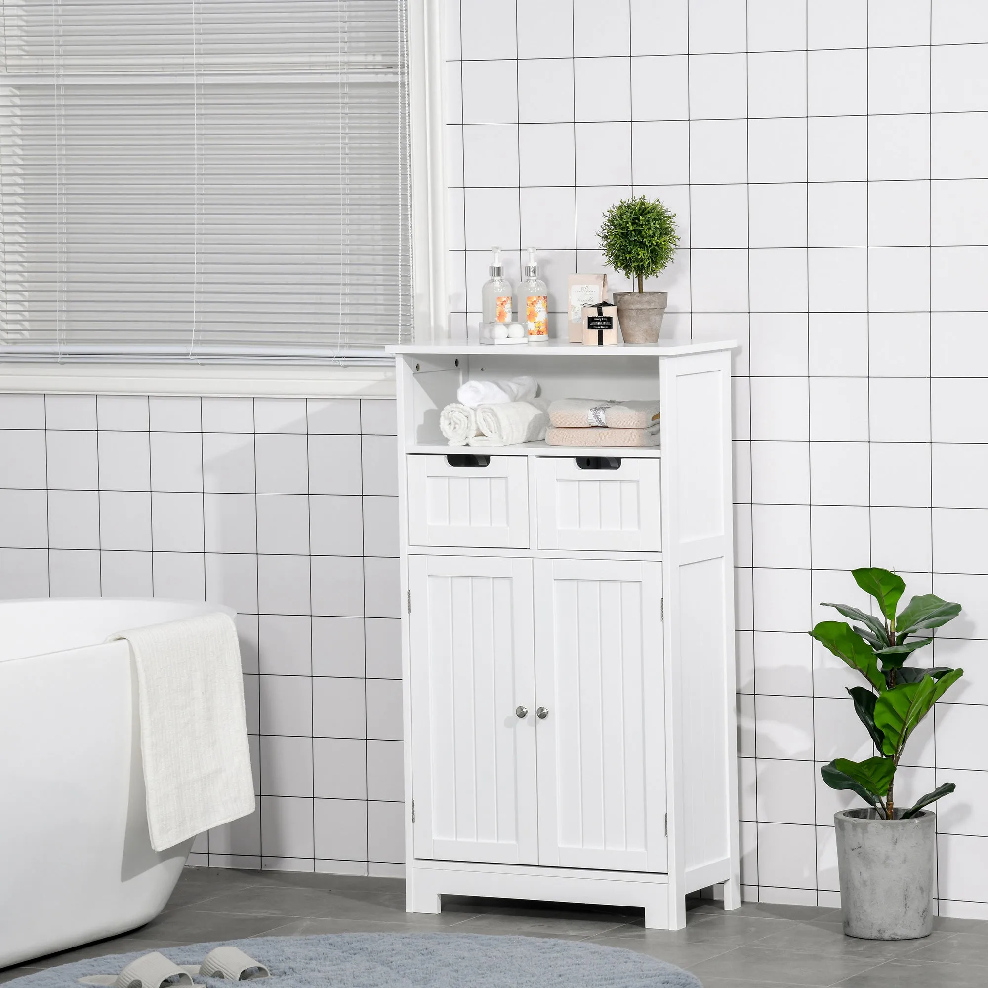 Kleankin Multiuse bathroom cabinet with 2 -door garbance peel and 2 white drawers - Image 2