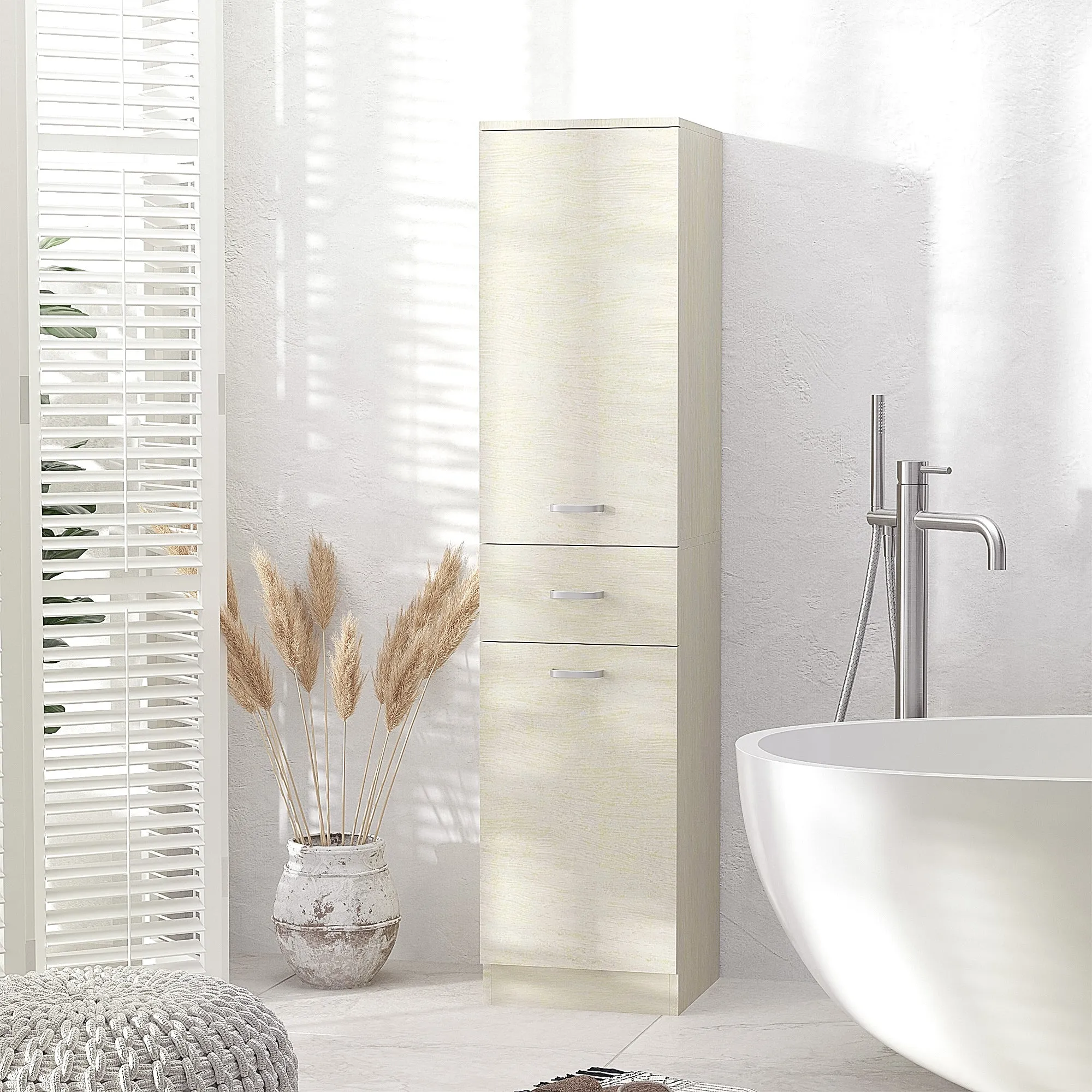 Wooden Bathroom Cabinet with drawer, 2 adjustable lockers and shelves, 34x34x150 cm, wood color - Image 2