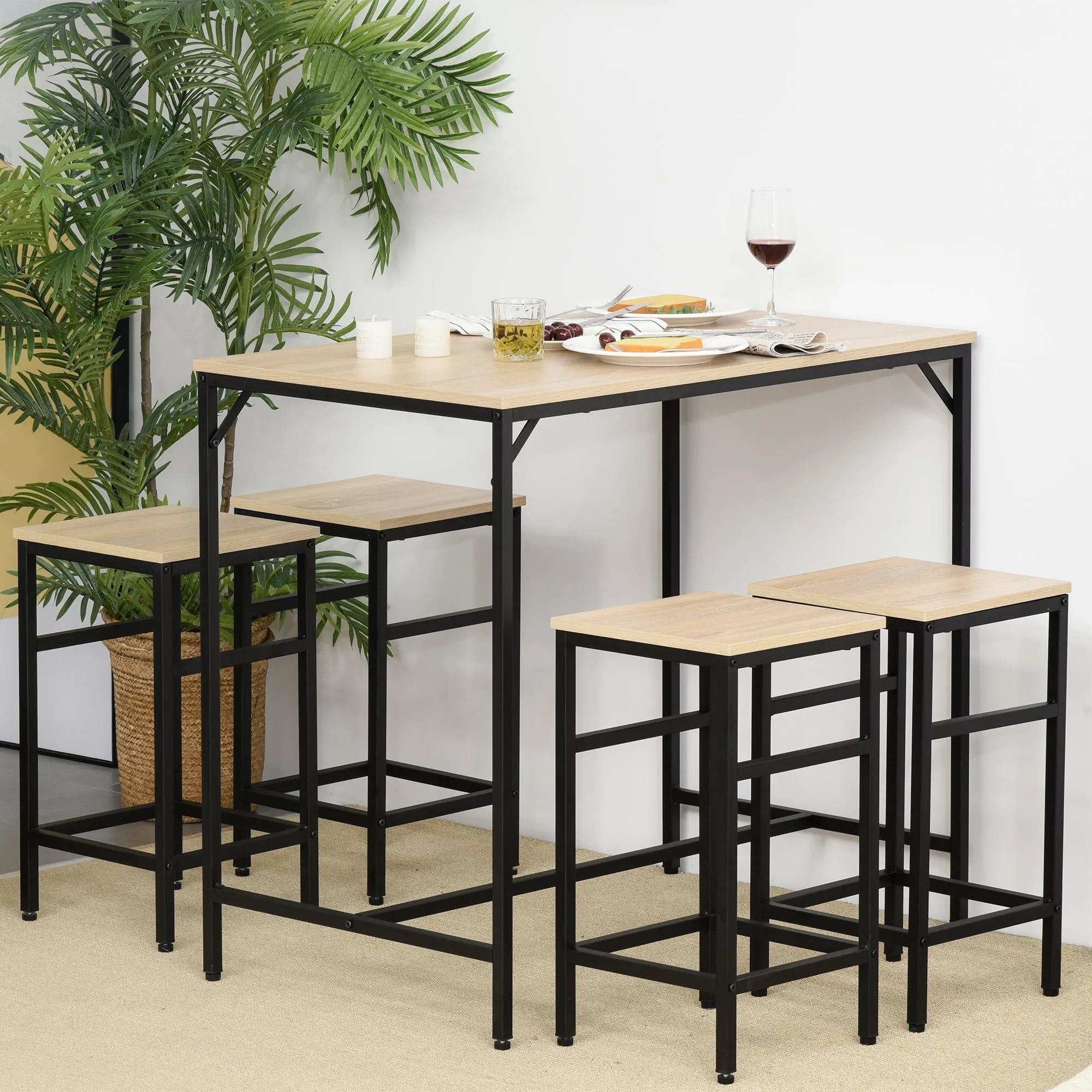 Industrial Style High Table Set with 4 Stools in Metal and Wood, Light Oak - Image 2