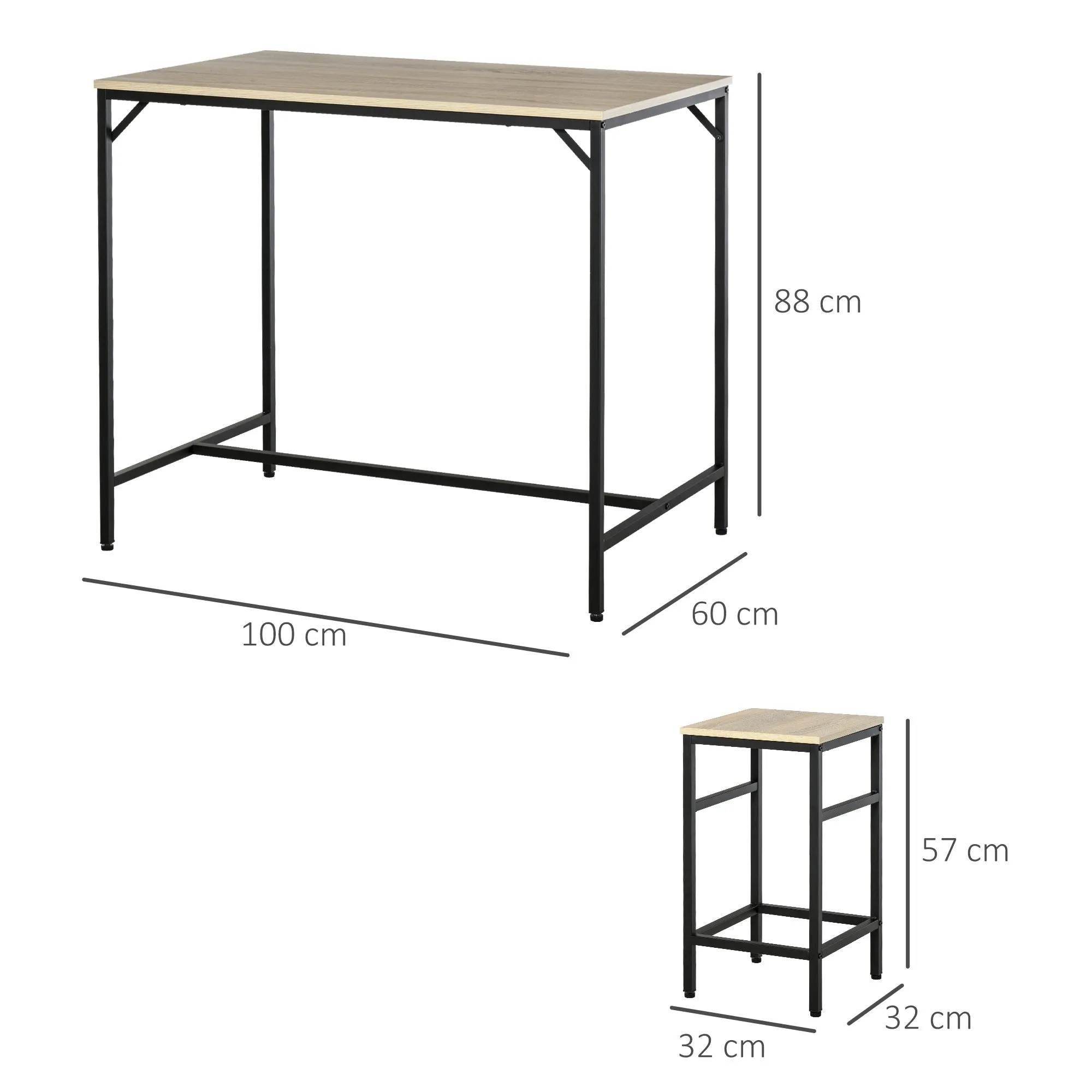 Industrial Style High Table Set with 4 Stools in Metal and Wood, Light Oak - Image 3