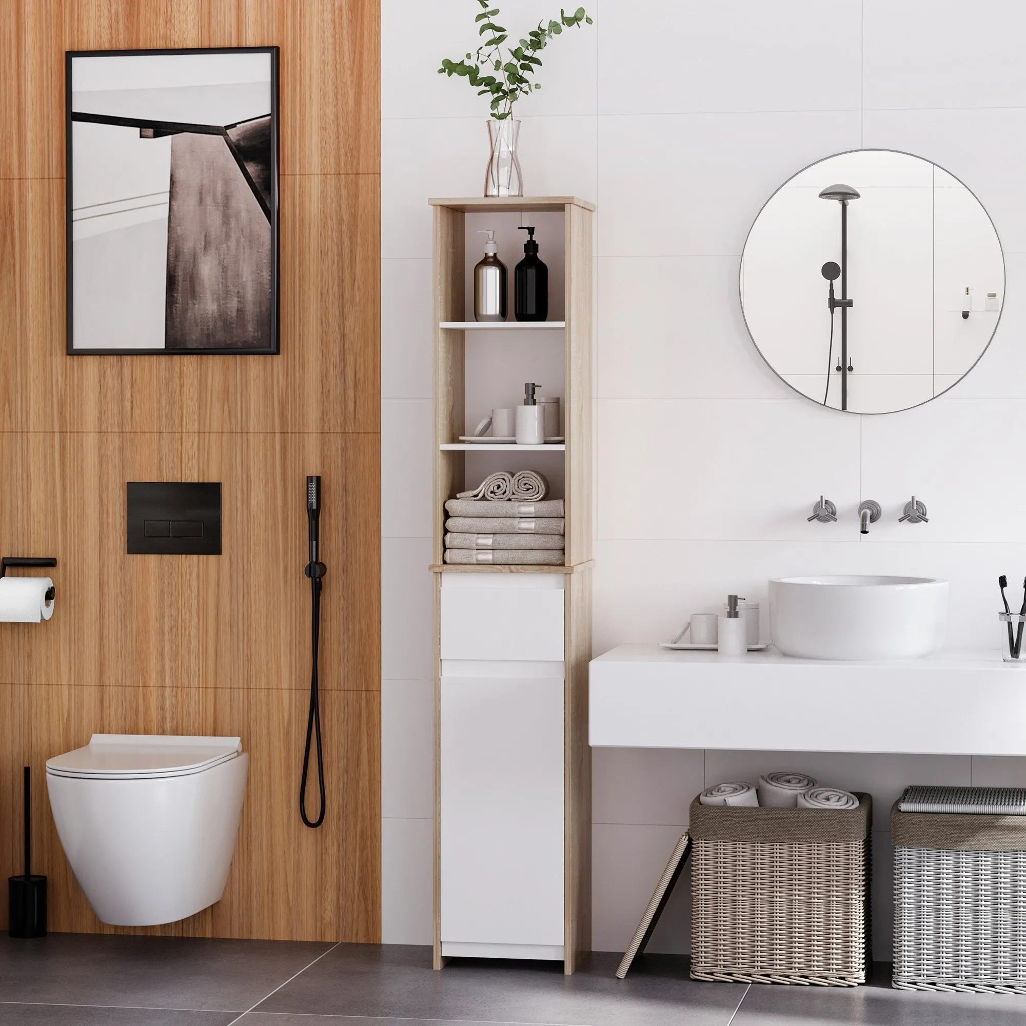 Kleankin Bathroom shelf with wooden saving shelves - White - Image 2