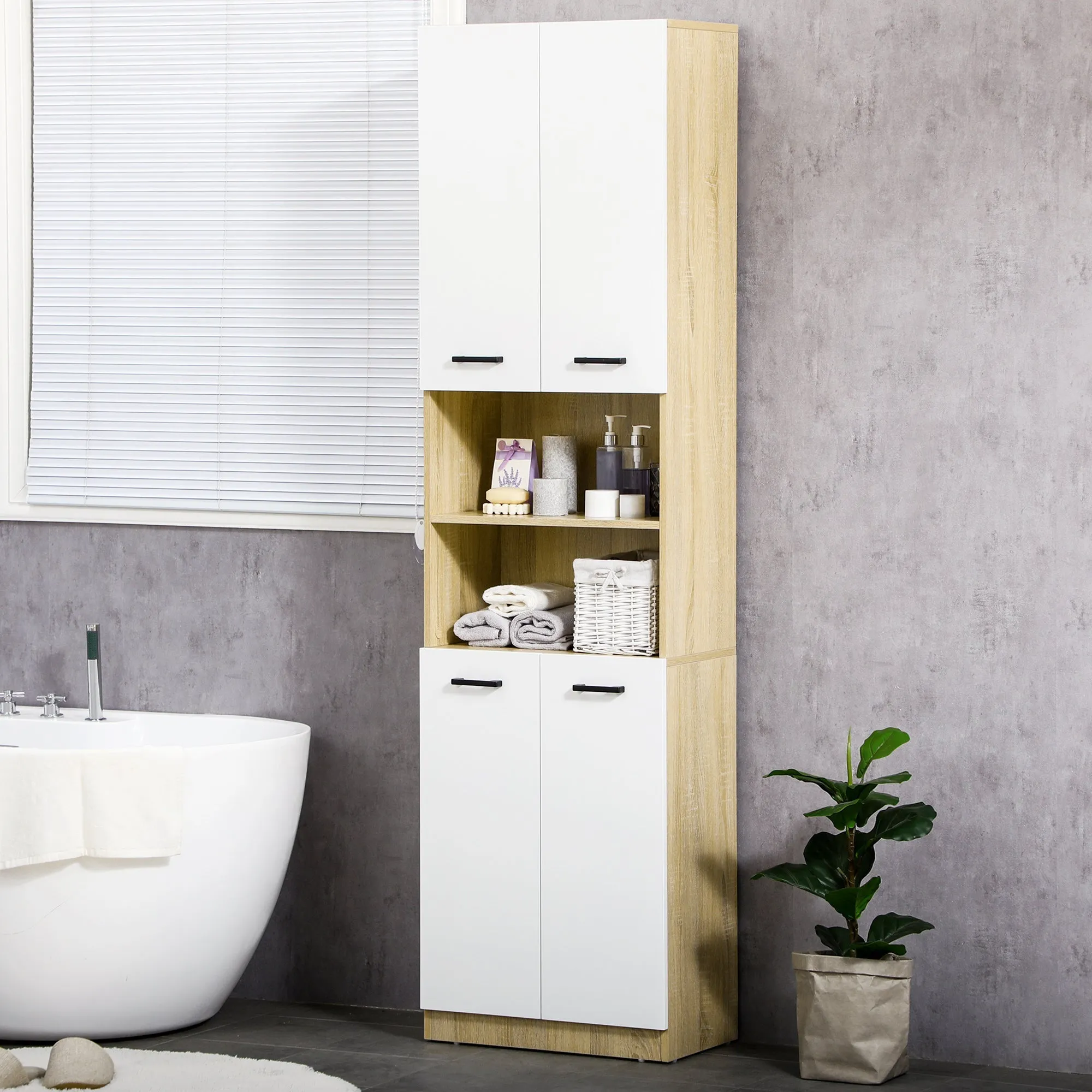 White Chipboard Bathroom Cabinet with 2 Cabinets with Doors and 2 Open Shelves, 53x33.5x195.7 cm - Image 2