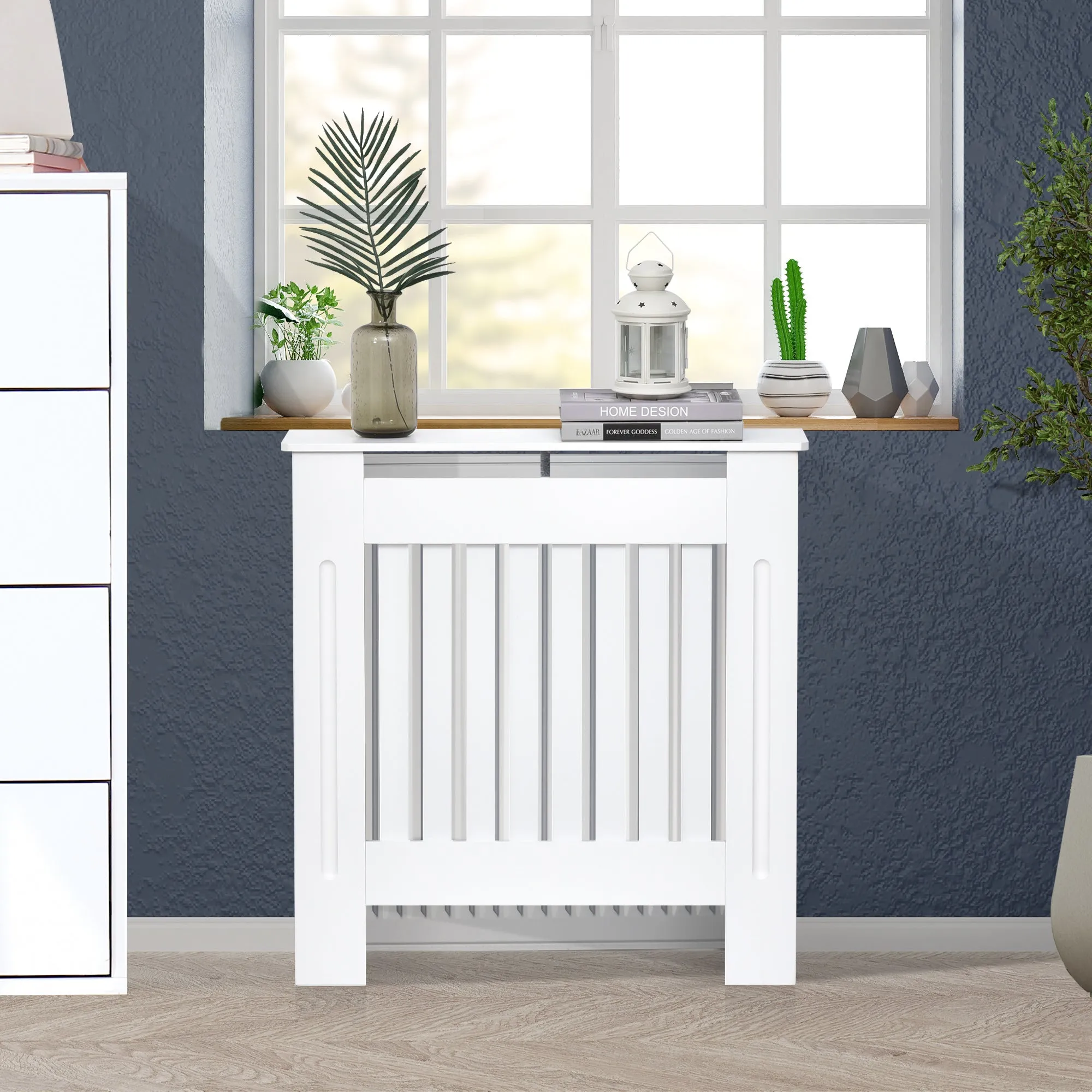 White Wooden Radiator Cover for Radiators and Heaters, with Vertical Slats and Support Surface, 78x19x81cm - Image 2