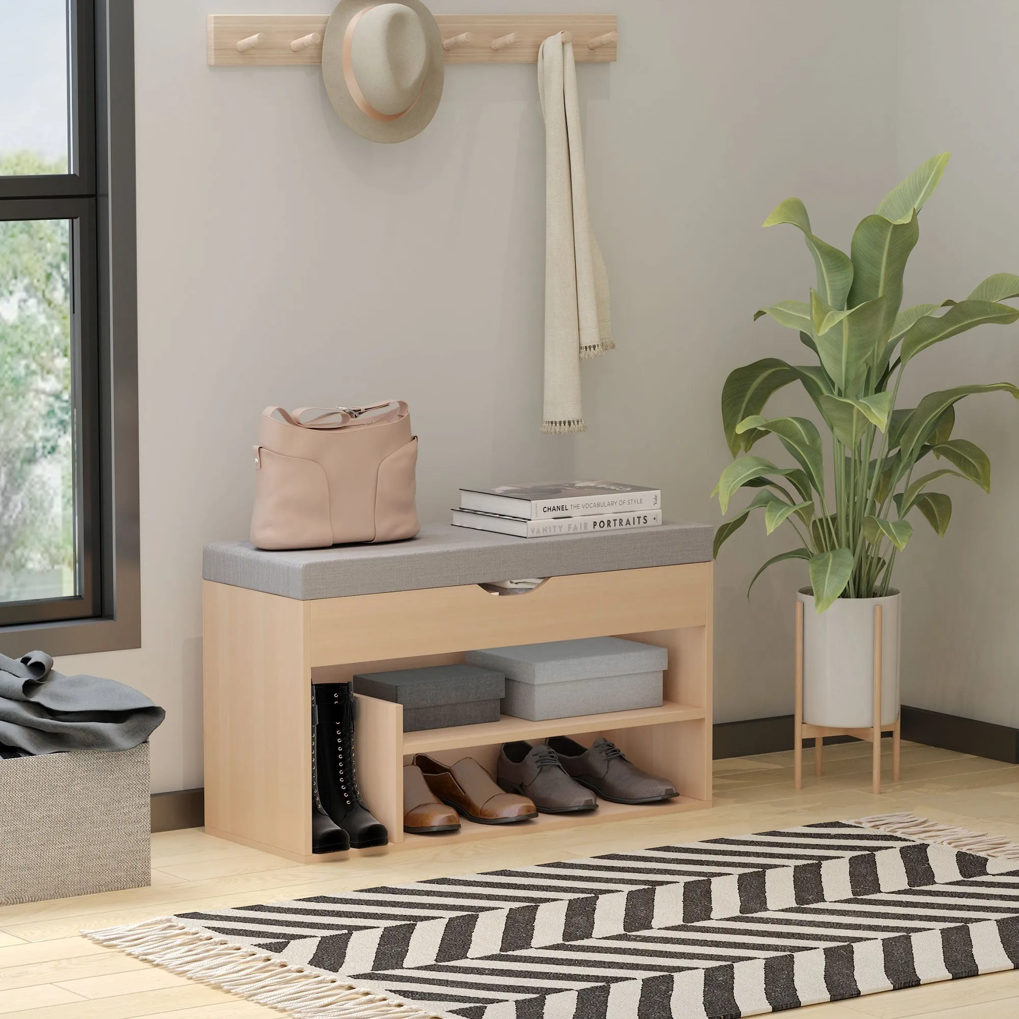 Scarpiera 2 in 1, wooden bench with padded seat and hidden compartment, for entry/input, 80 x 30 x 48cm - Image 2