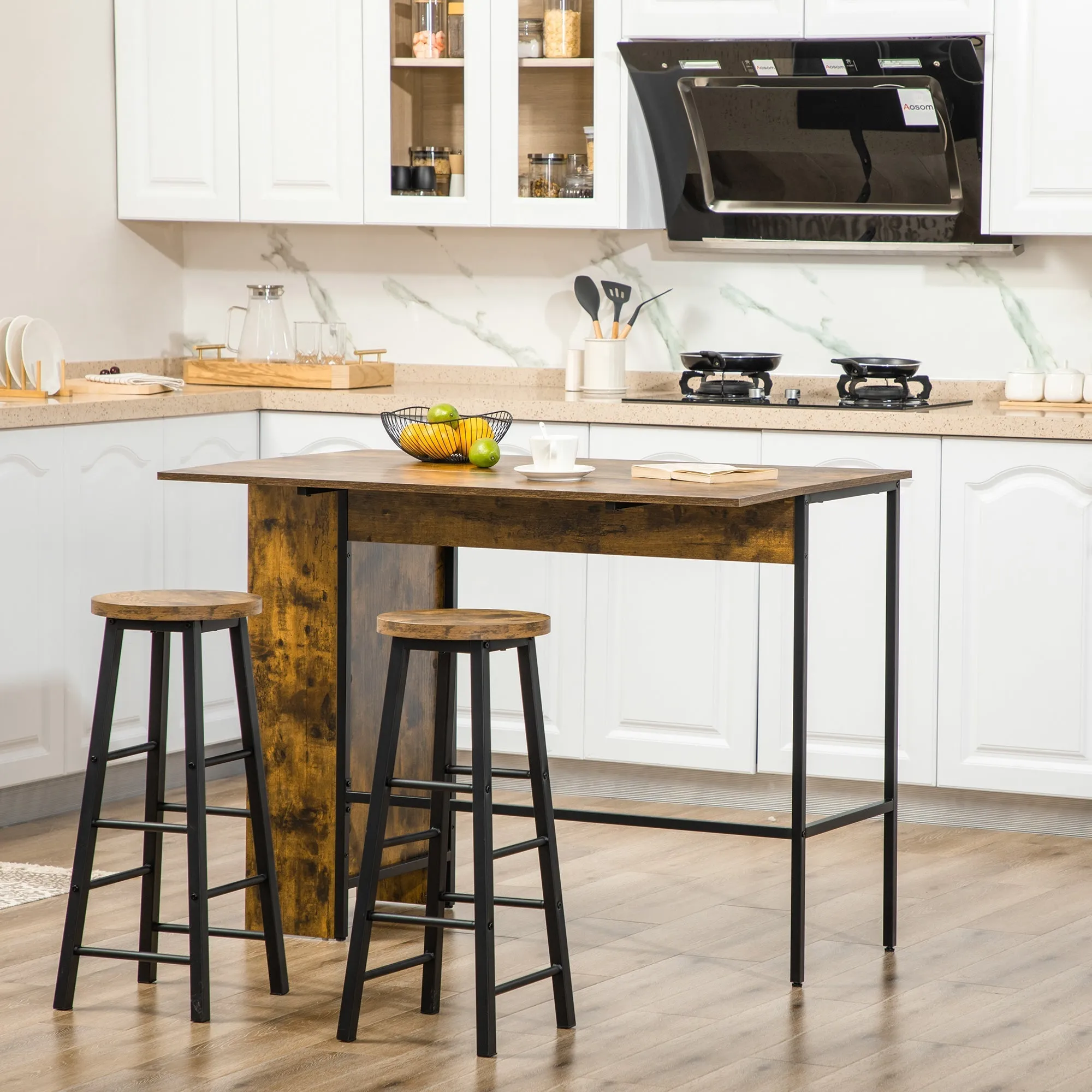 Industrial Style Folding Bar Counter with 3 Tier Shelf, 120x76x91.4cm - Image 2
