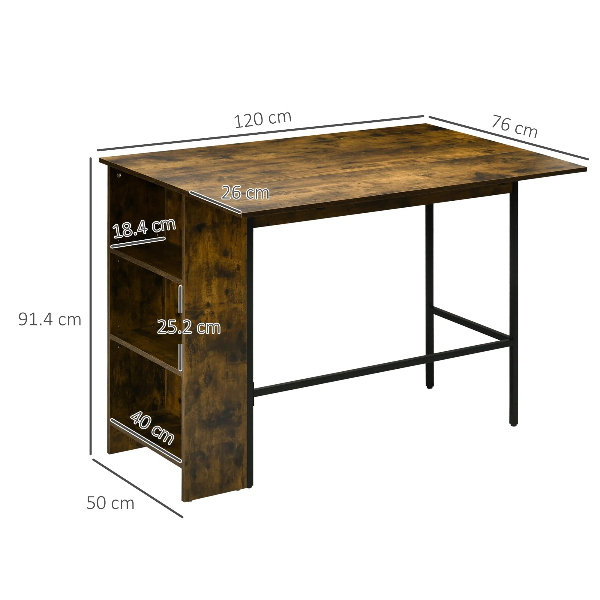 Industrial Style Folding Bar Counter with 3 Tier Shelf, 120x76x91.4cm - Image 3