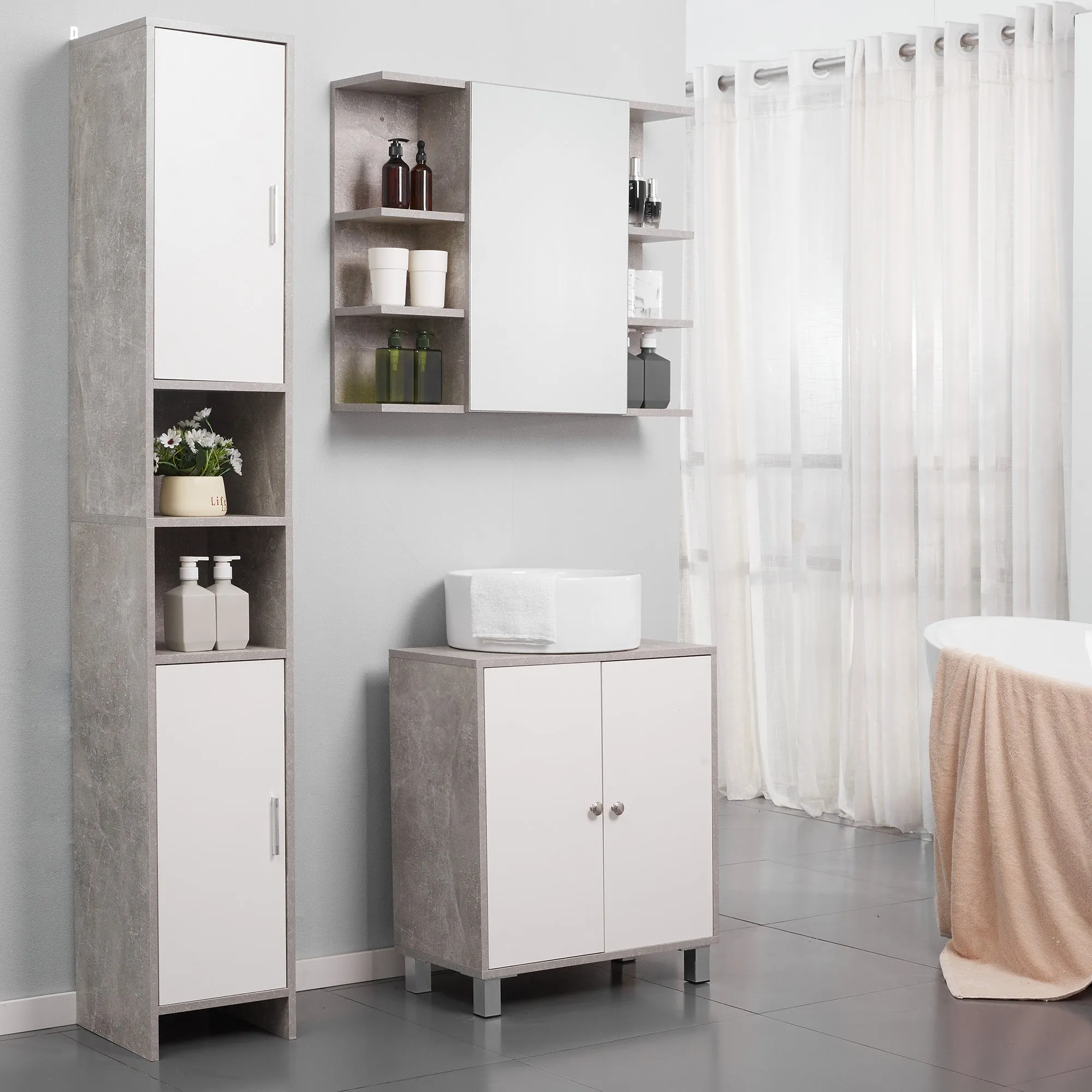 Kleankin Bathroom column with 2 lockers and 2 open in concrete effect wooden rooms, 30x30x180cm - Image 2