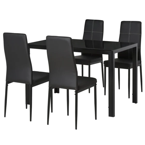 5 Piece Dining Table and 4 Chairs Set for Kitchen or Dining Room in Faux Leather, Metal and Tempered Glass, Black