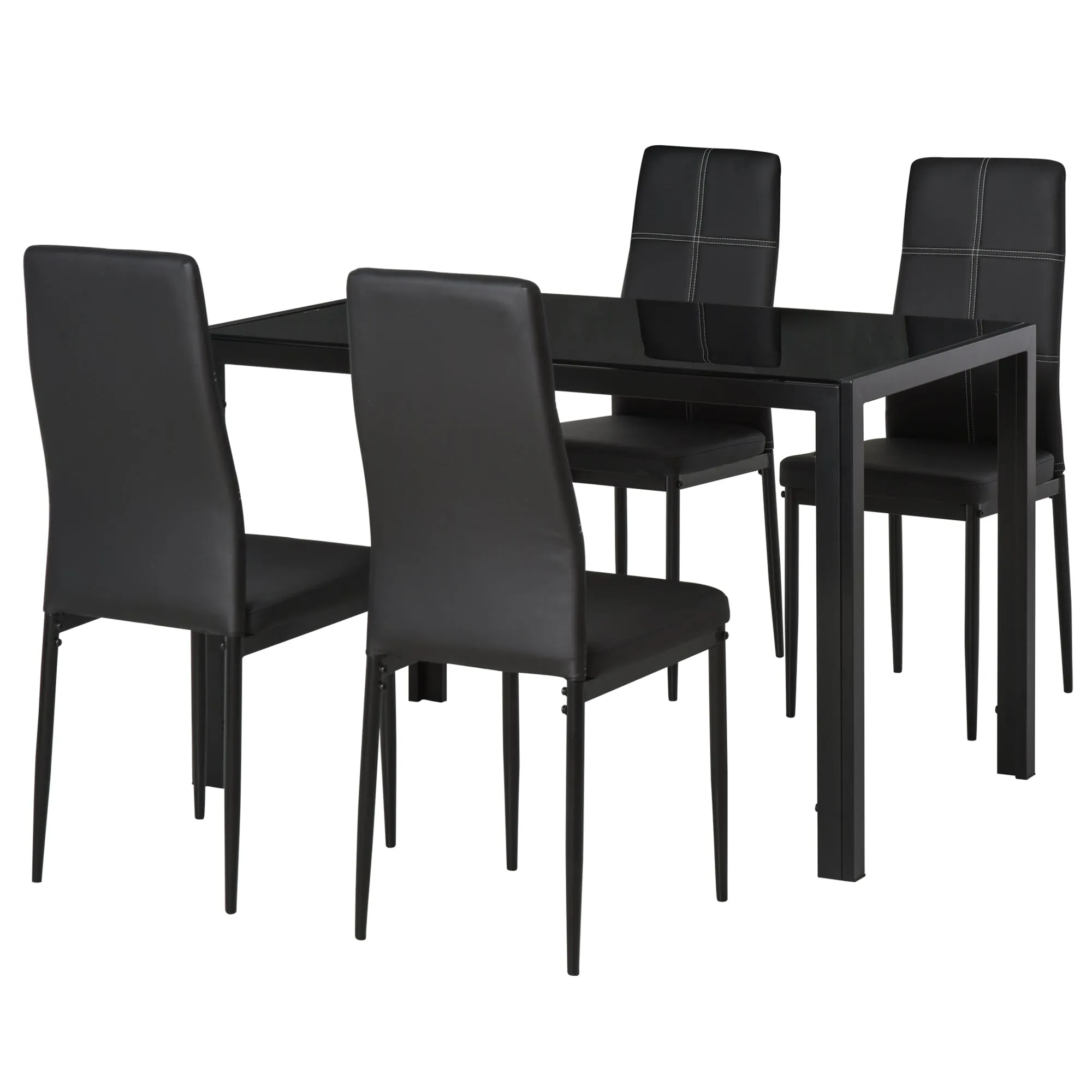 5 Piece Dining Table and 4 Chairs Set for Kitchen or Dining Room in Faux Leather, Metal and Tempered Glass, Black