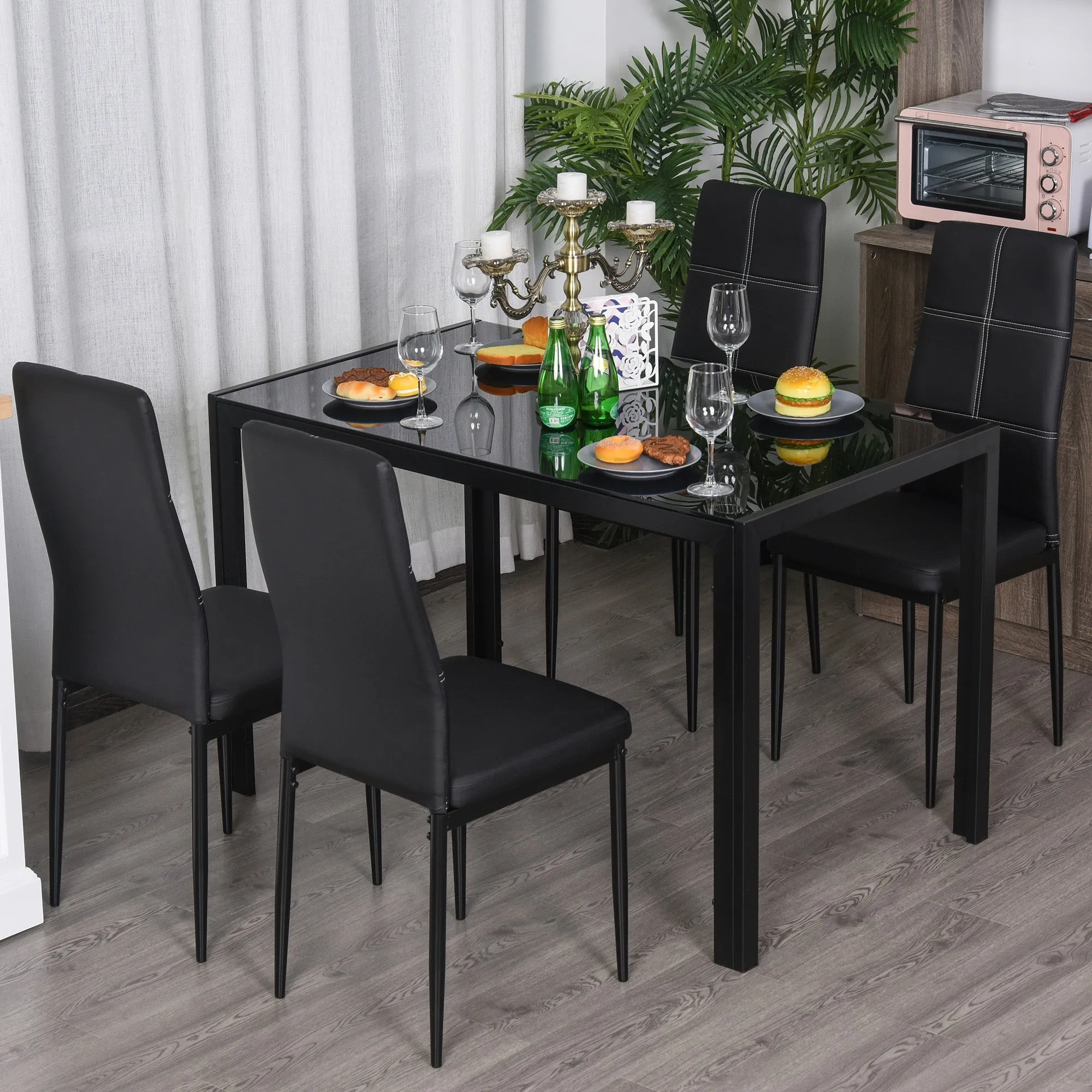 5 Piece Dining Table and 4 Chairs Set for Kitchen or Dining Room in Faux Leather, Metal and Tempered Glass, Black - Image 2