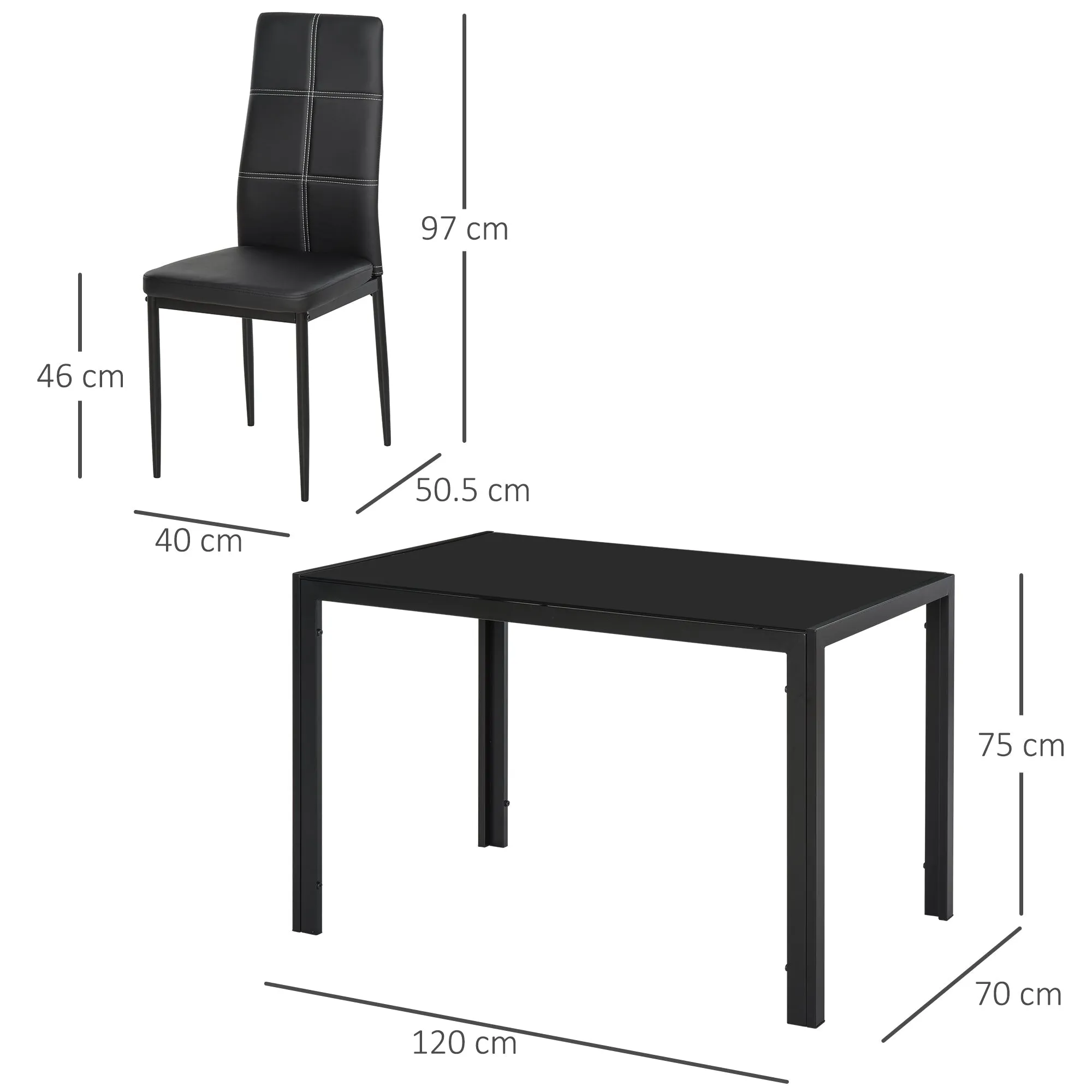 5 Piece Dining Table and 4 Chairs Set for Kitchen or Dining Room in Faux Leather, Metal and Tempered Glass, Black - Image 3