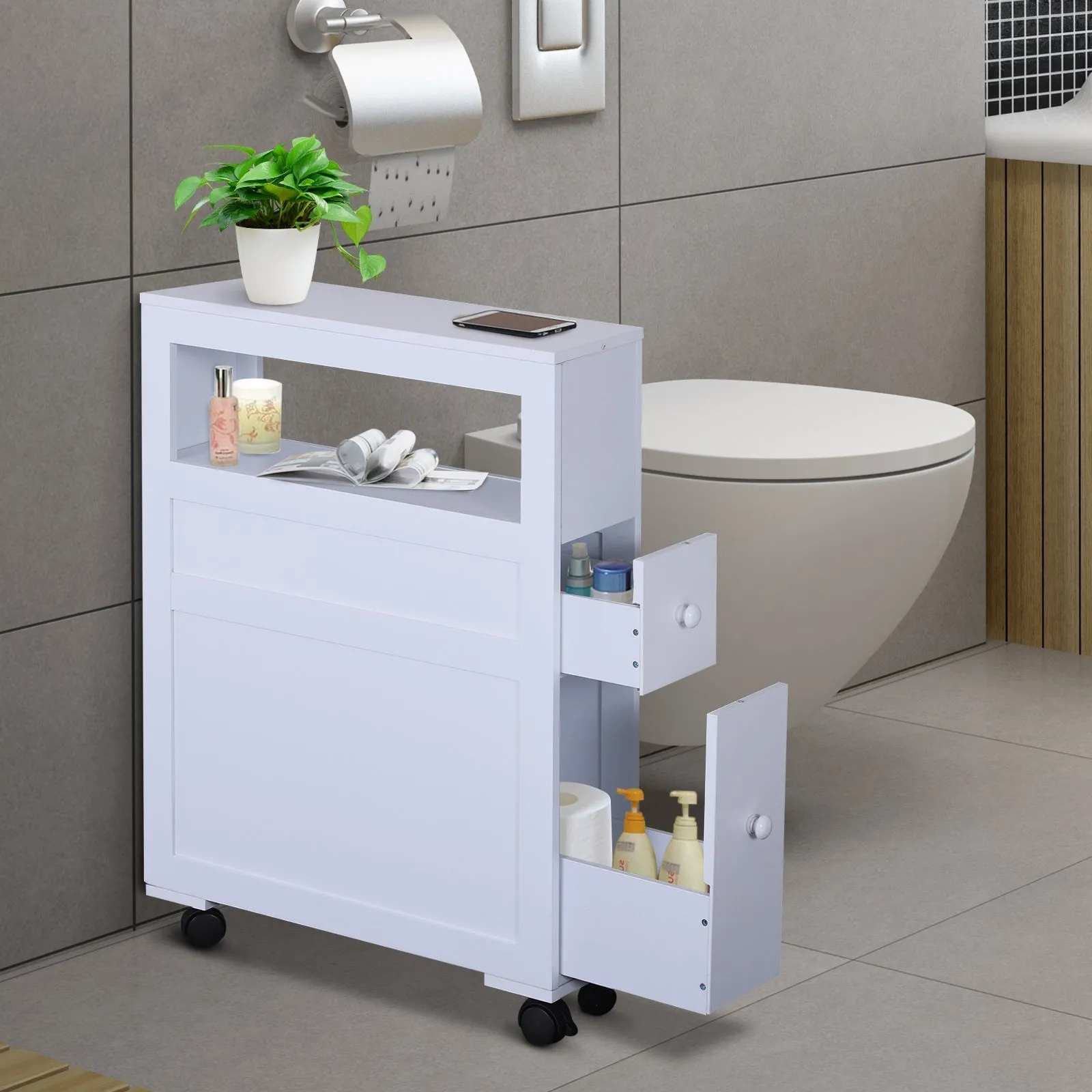Bathroom Cabinet 2 Despaged drawers with 4 wheels wood 16x52x71.5cm white - Image 2