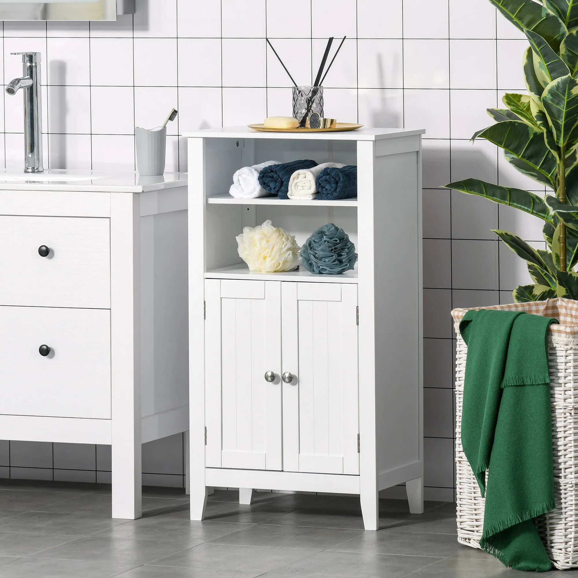 Kleankin Bathroom cabinet with adjustable shelves and cabinet 2 white wooden doors, 50x30x93cm - Image 2