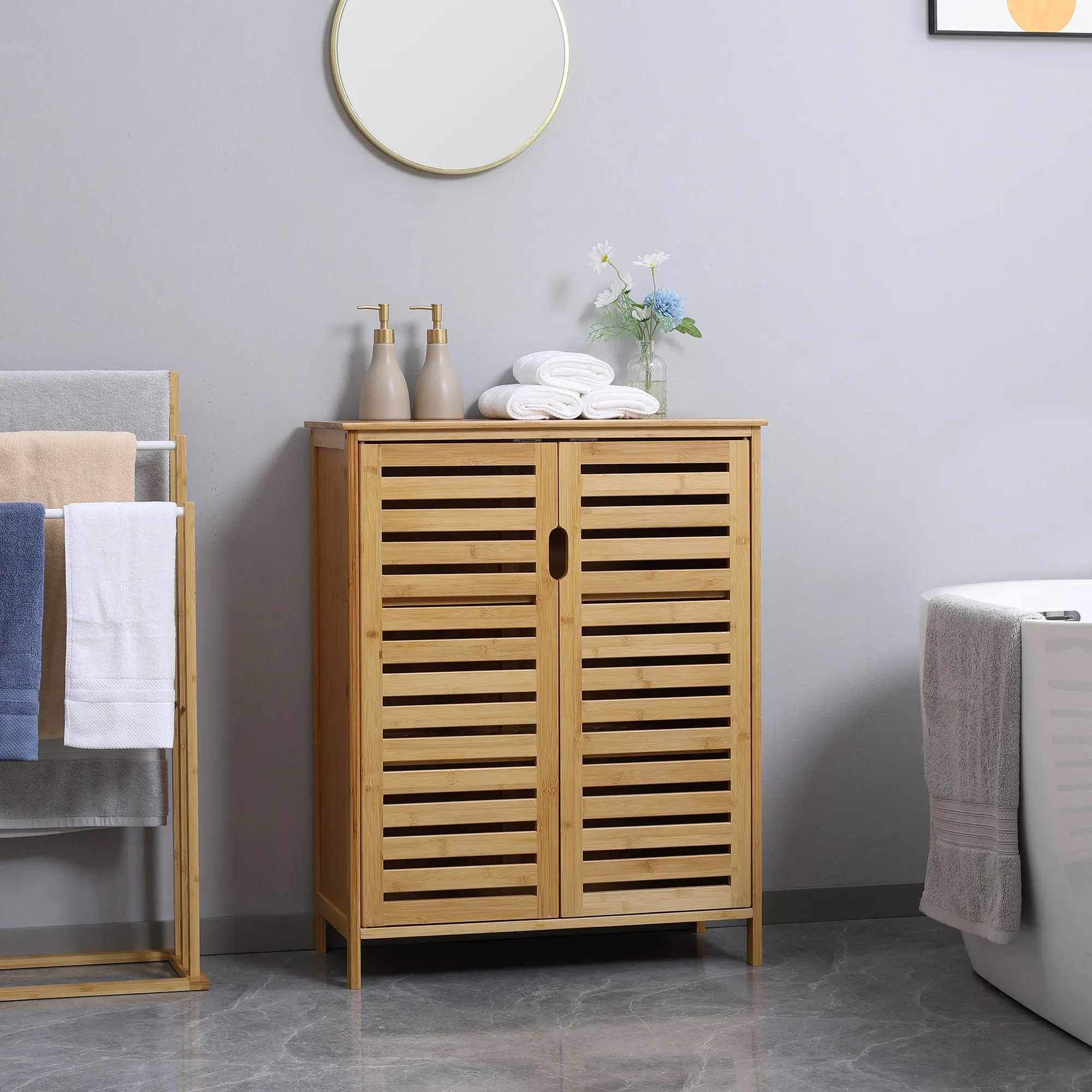Modern Bathroom Cabinet with 2 Doors and 2 Ventilated Bamboo Shelves, 68x32x86 cm, Wood Color - Image 2