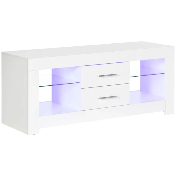 55" TV Stand with 12 Color LED Lights and Remote Control, Wood and Glass 120x40x50cm, White