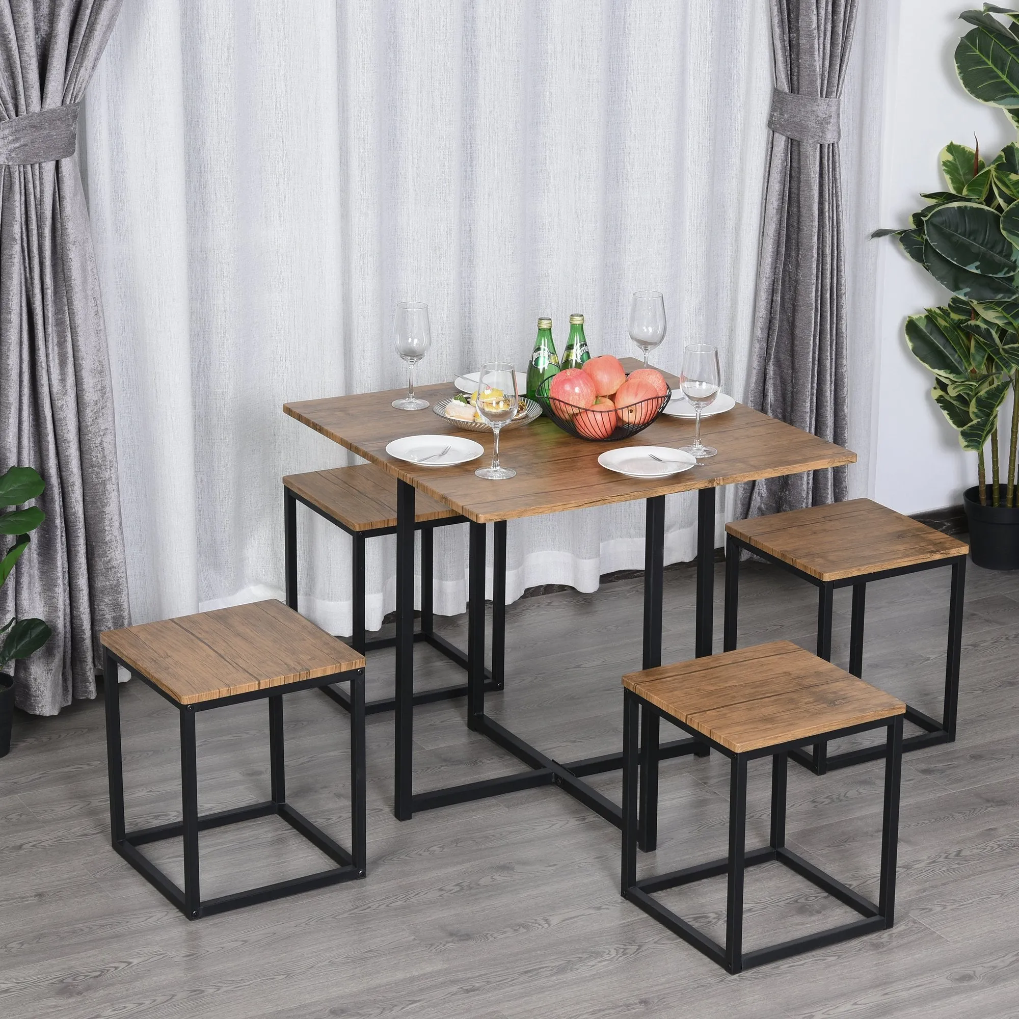 5 Piece Industrial Style Table and Stool Set for Kitchen, Home or Restaurant, Black and Wood Color - Image 2