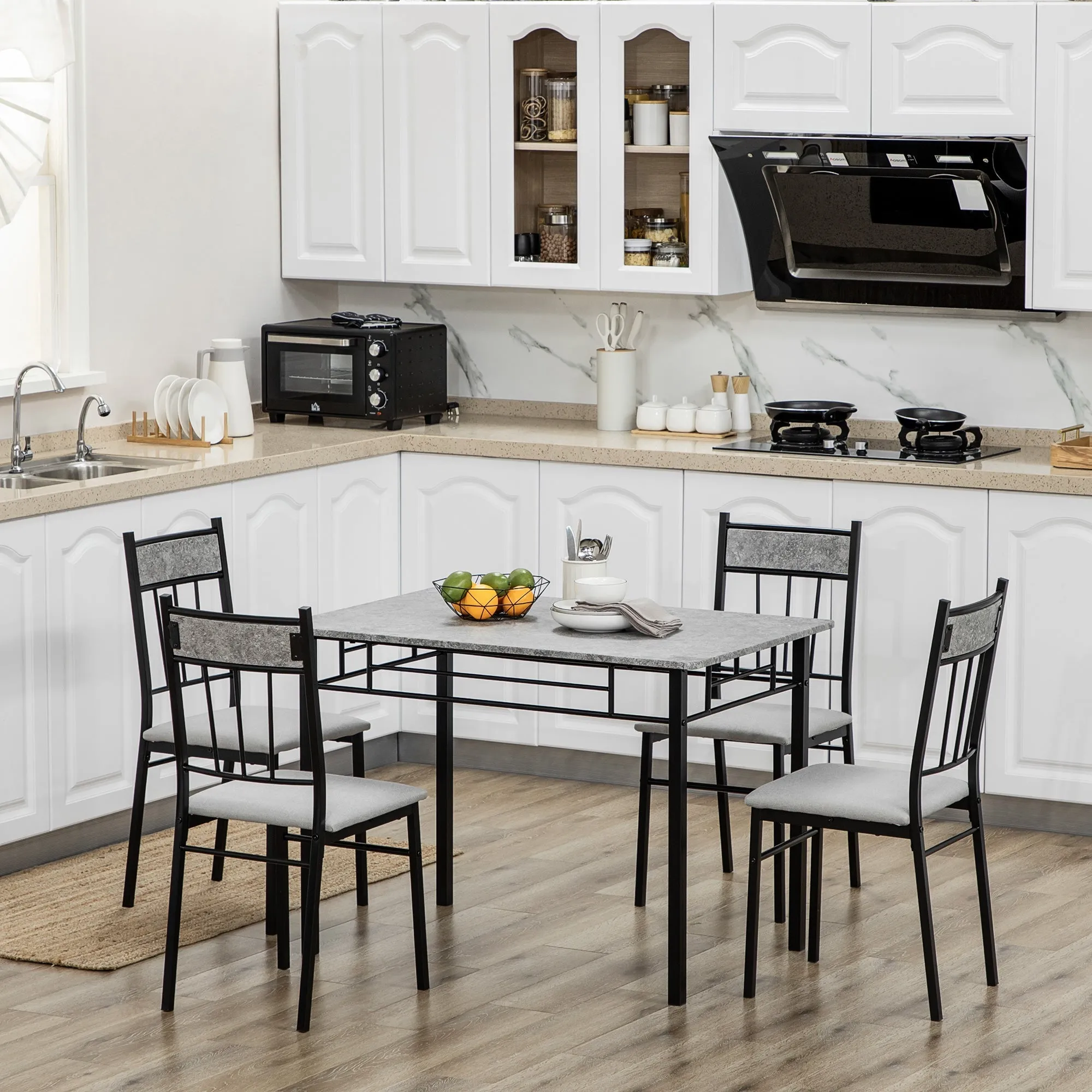 5 Piece Dining Table and Chairs Set, Rectangular Metal and MDF Dining Table and 4 Dining Chairs Grey and Black - Image 2