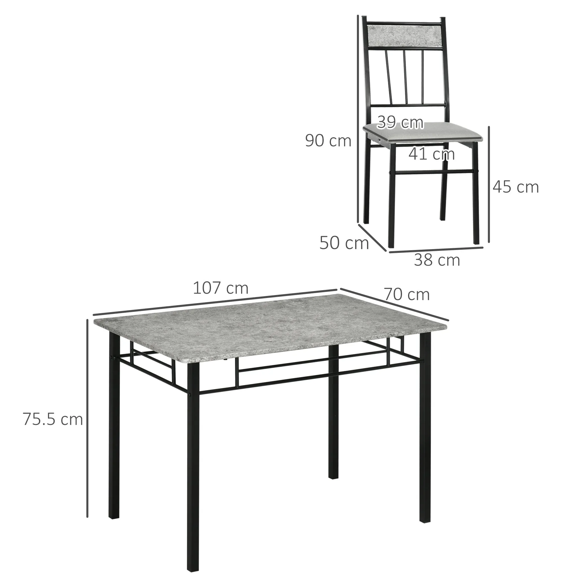 5 Piece Dining Table and Chairs Set, Rectangular Metal and MDF Dining Table and 4 Dining Chairs Grey and Black - Image 3