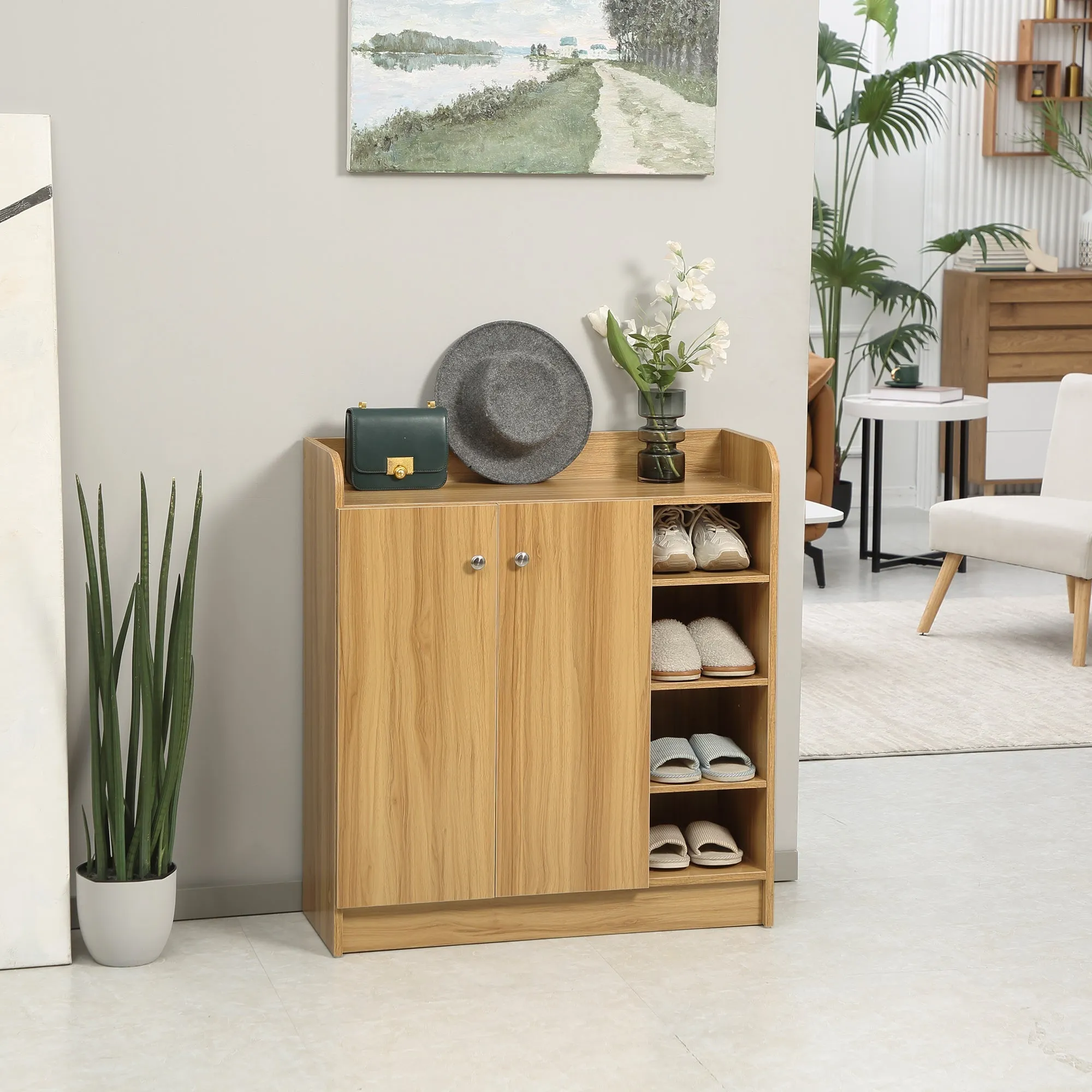 Space-Saving and Modern Wooden Shoe Cabinet for 12 Pairs with 4 Open Shelves, 83x30x90 cm, Light Brown - Image 2