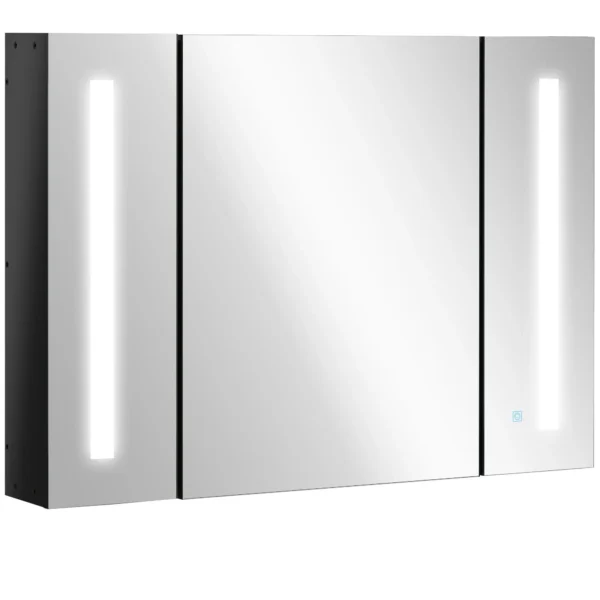 Wall Mounted MDF Bathroom Mirror Cabinet with 3 Cabinets, 3 Shelves and LED Light, 90x15x65 cm, Black