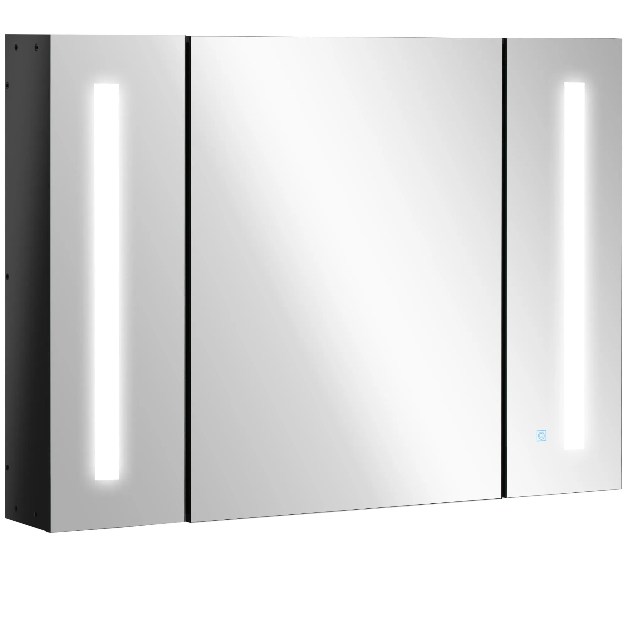 Wall Mounted MDF Bathroom Mirror Cabinet with 3 Cabinets, 3 Shelves and LED Light, 90x15x65 cm, Black