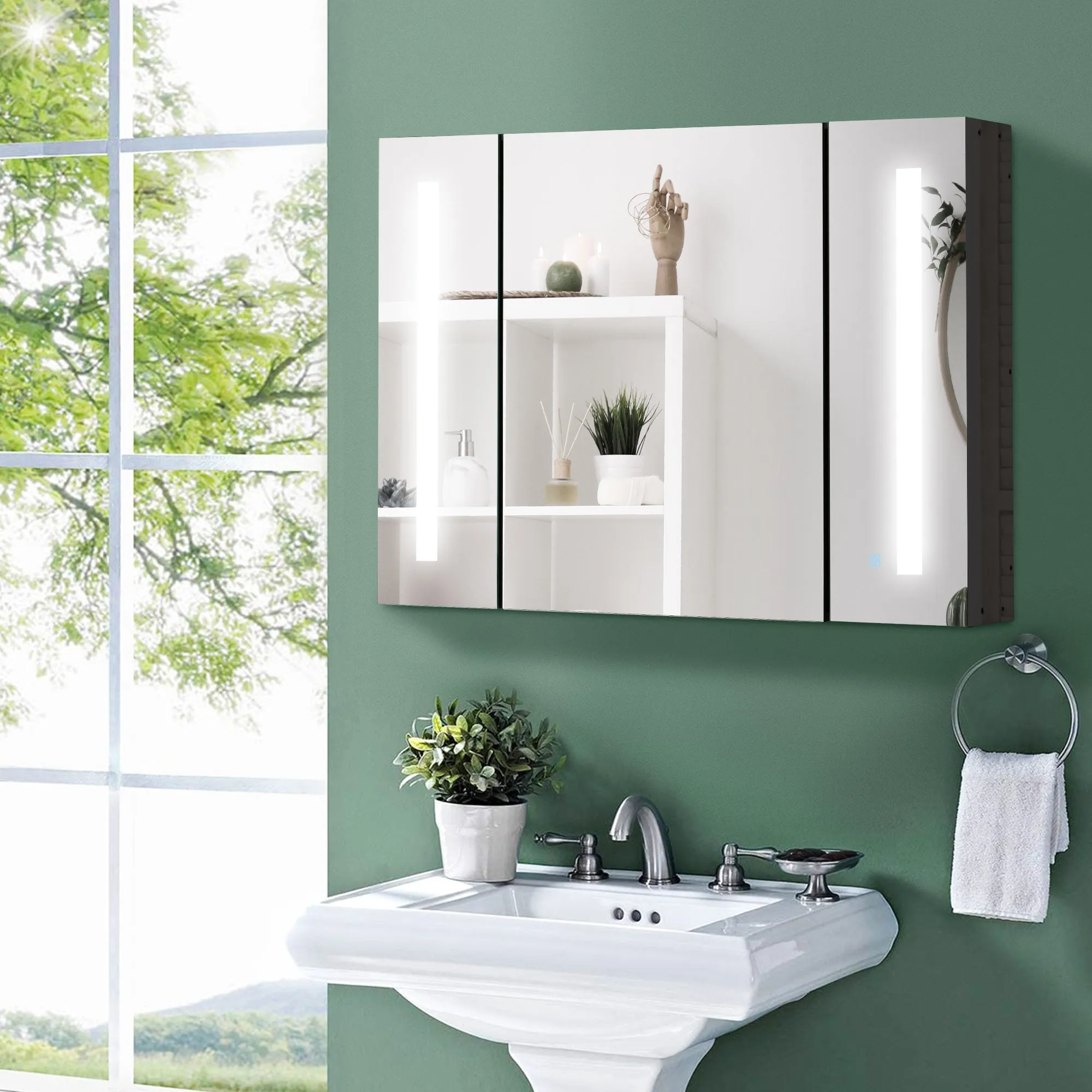 Wall Mounted MDF Bathroom Mirror Cabinet with 3 Cabinets, 3 Shelves and LED Light, 90x15x65 cm, Black - Image 2