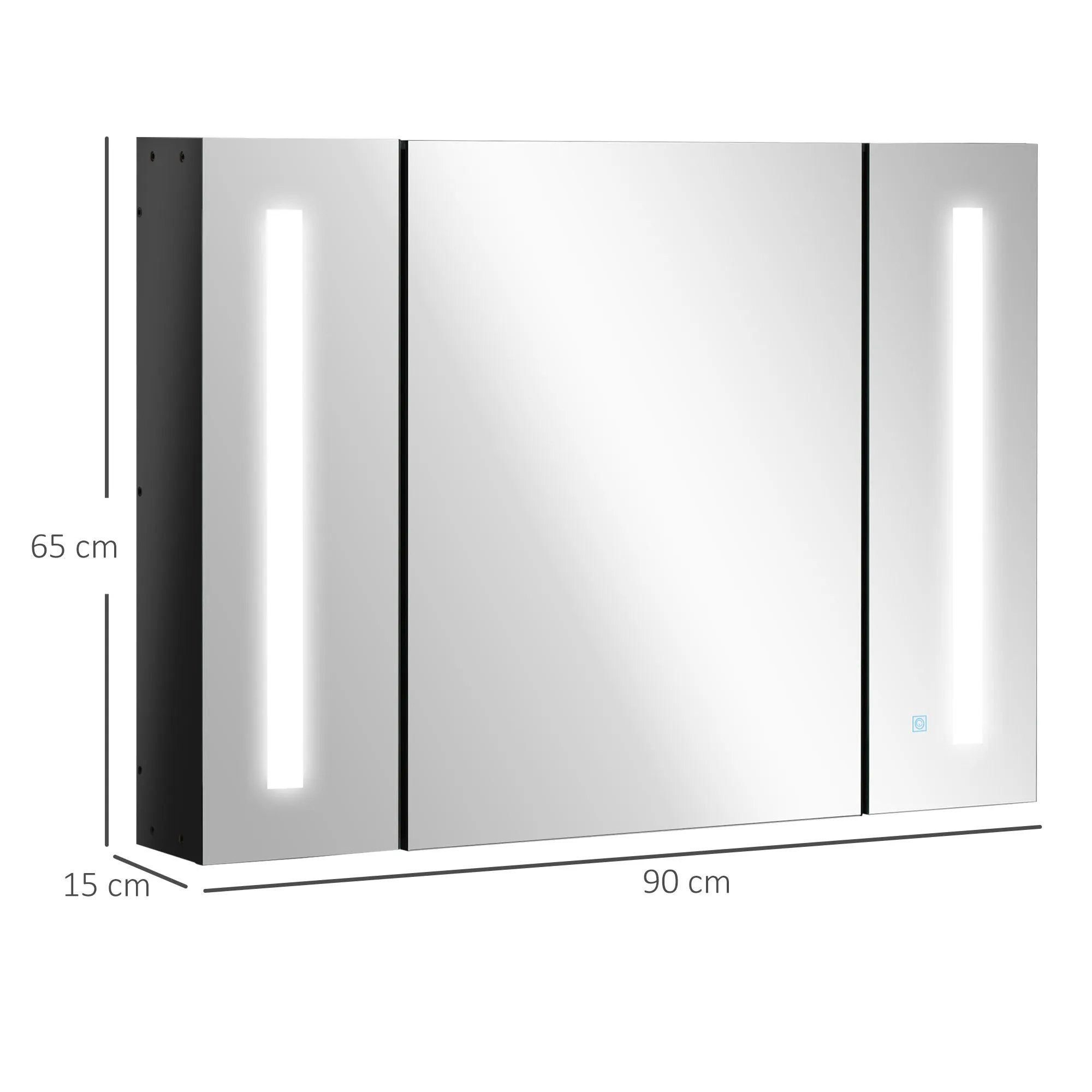 Wall Mounted MDF Bathroom Mirror Cabinet with 3 Cabinets, 3 Shelves and LED Light, 90x15x65 cm, Black - Image 3