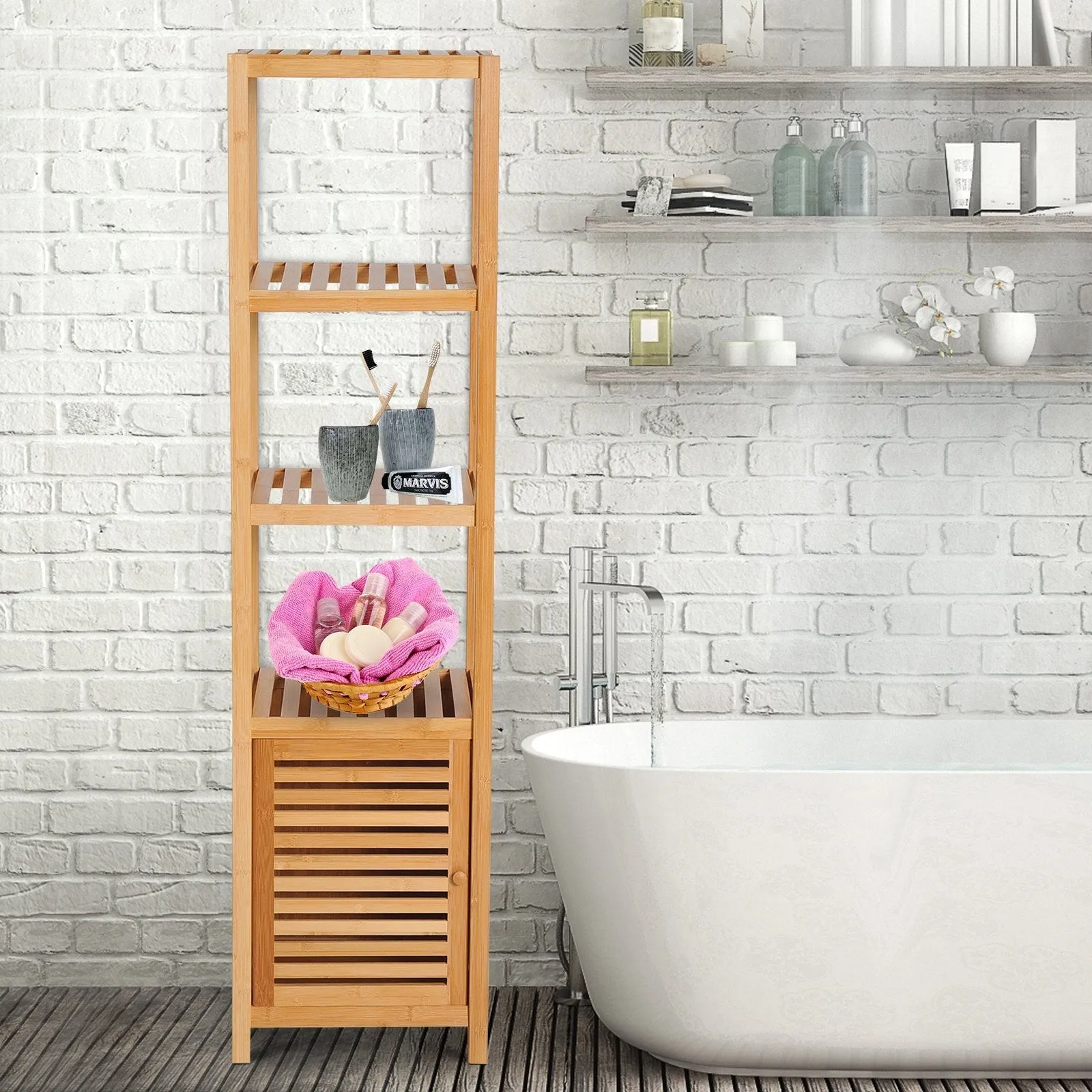 Mobile with column for bamboo bathroom with 4 shelves and a cabinet 36x33x140cm - Image 2