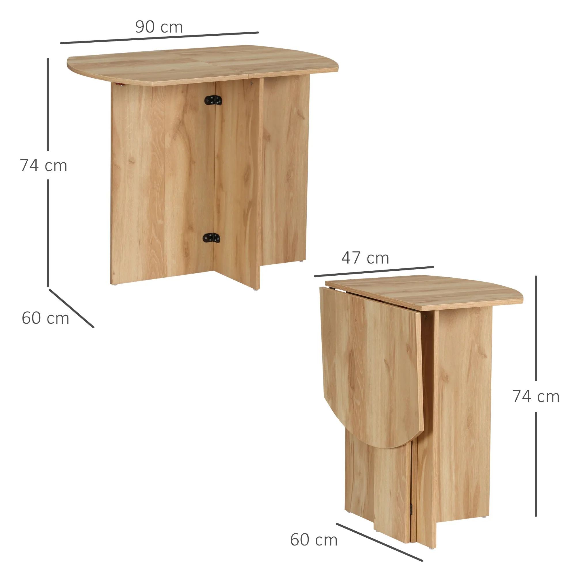 Space-Saving Folding Wooden Dining Table, 90x60x74cm, Oak - Image 3