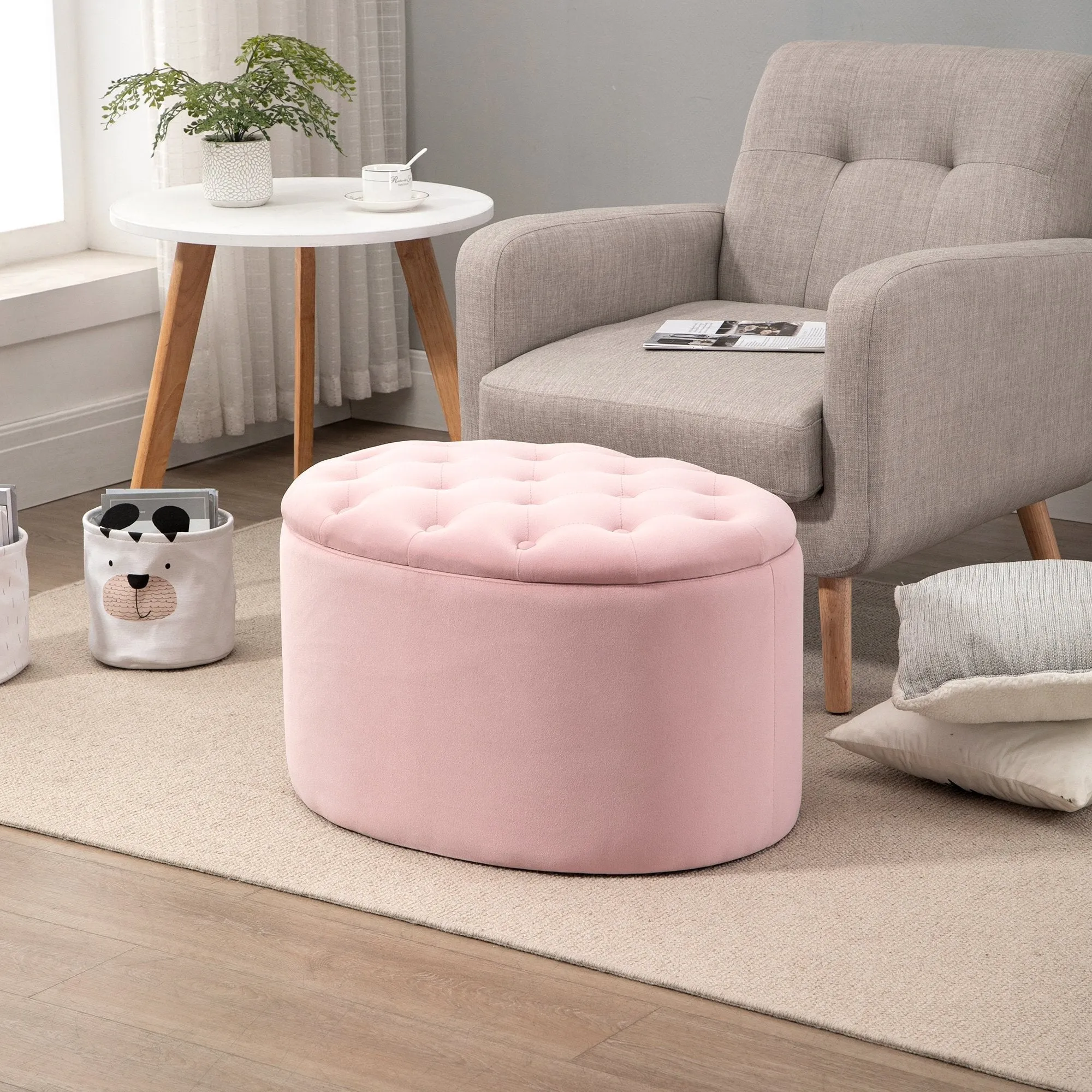 Oval Storage Ottoman Padded and Quilted Velvet, 71x52x42cm, Pink - Image 3