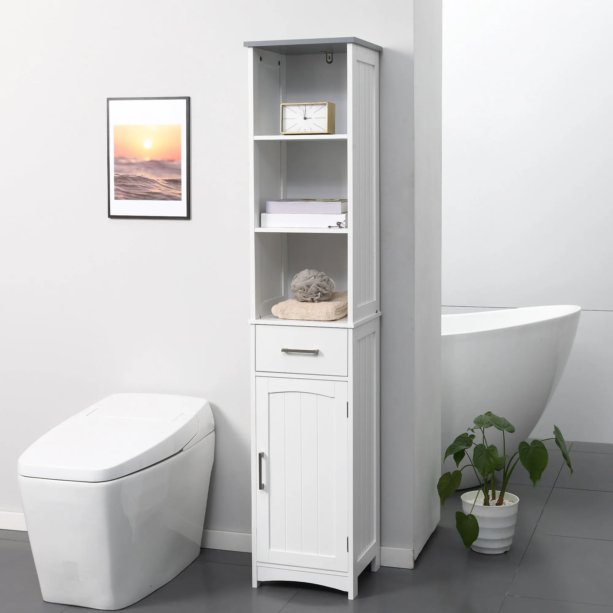 kleankin bathroom cabinet with 3 -level shelf, 1 drawer and 1 cabinet, 34x30x163cm - Image 2