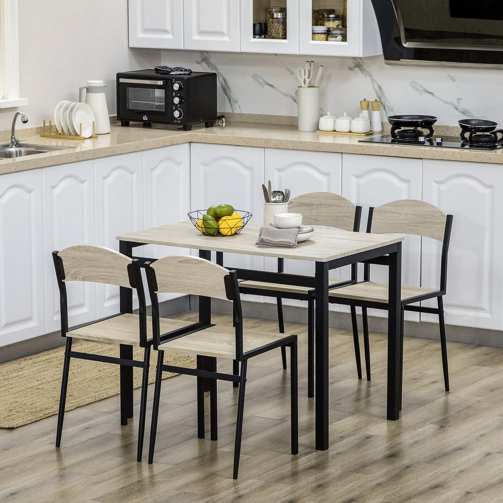 Dining Set with Rectangular Table and 4 Chairs in Steel and MDF, Black and Oak - Image 2